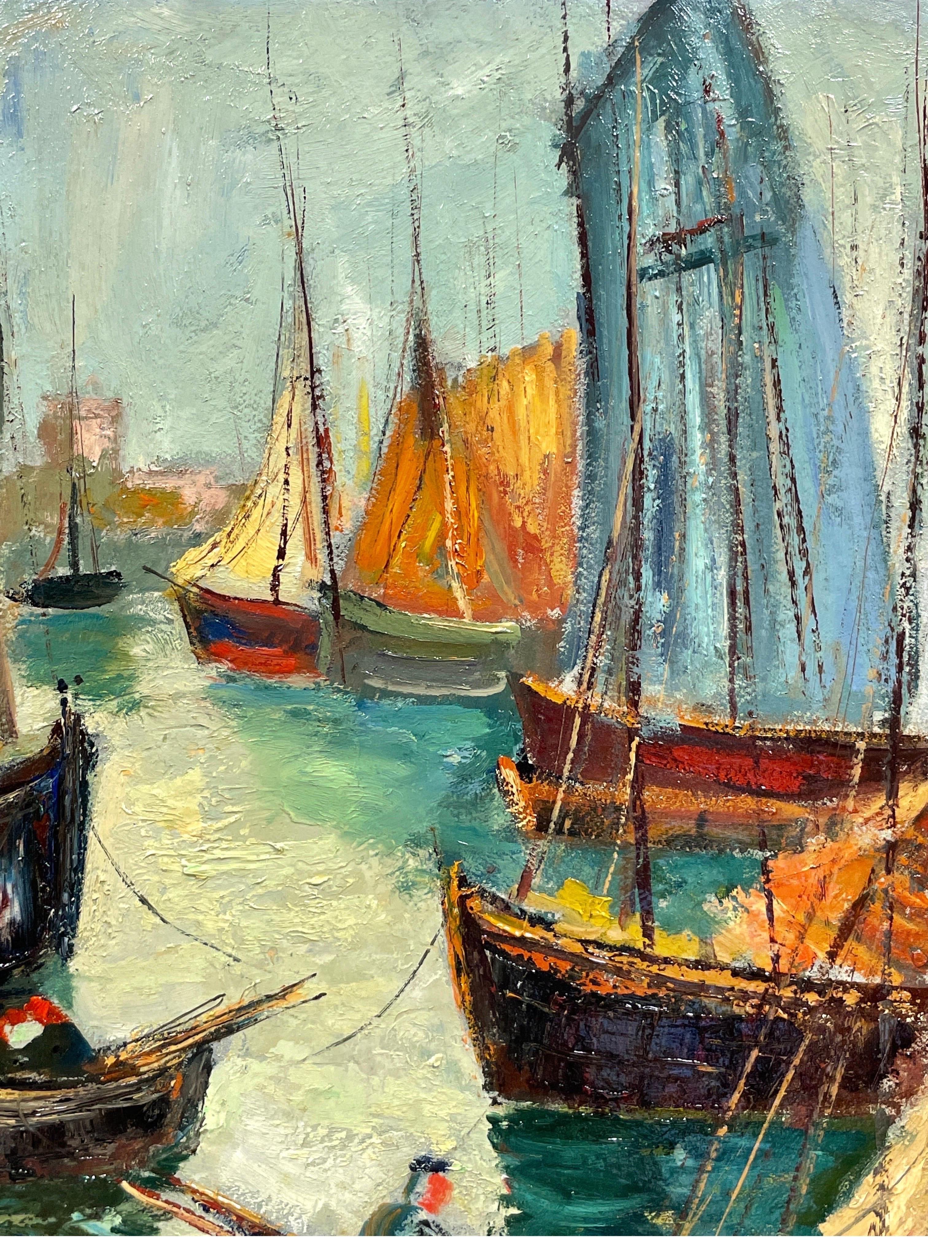 1950's French Fishing Boats in Sleepy Harbour Beautiful Impasto Sludgy Oil 3