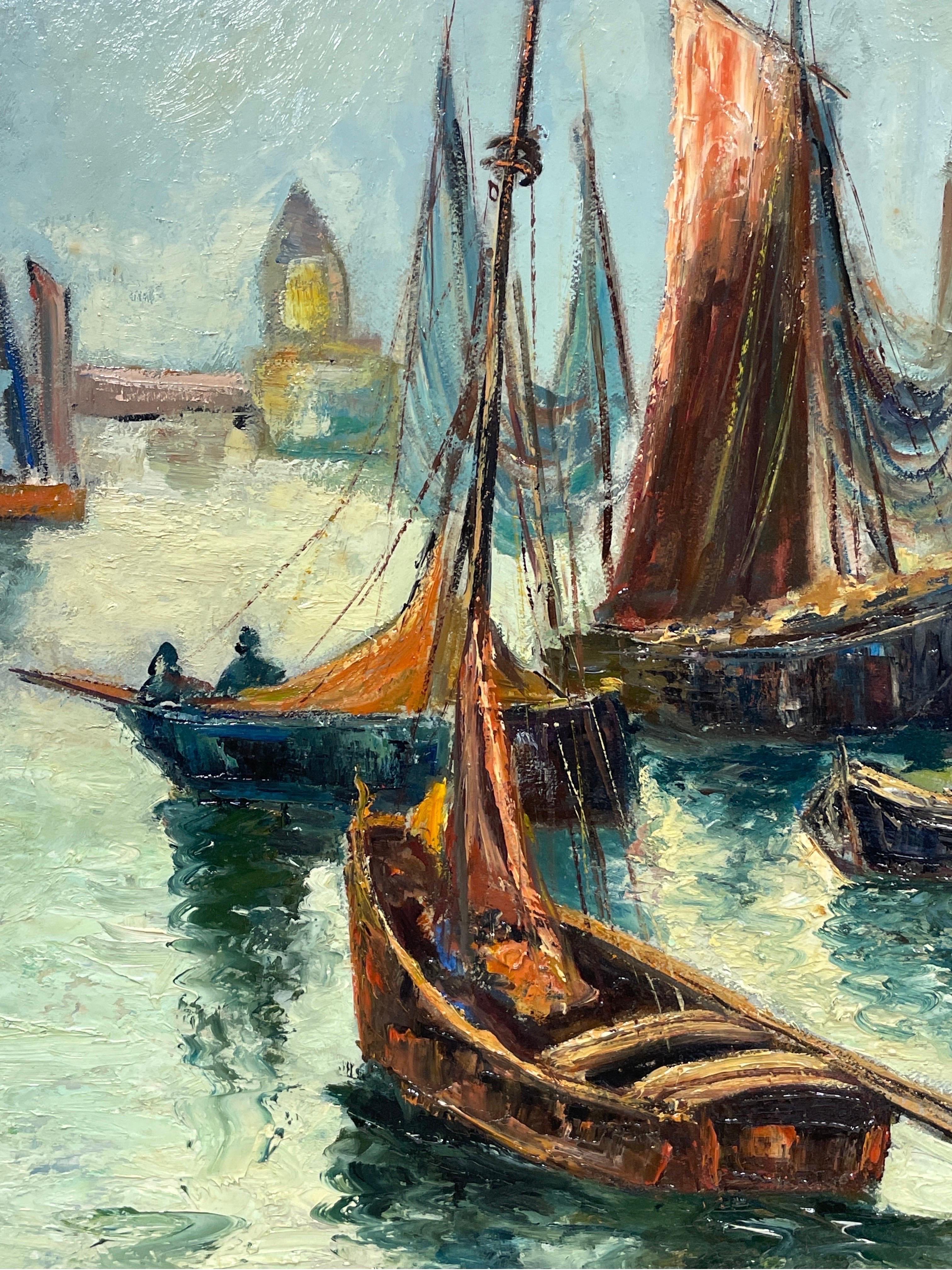 1950's French Fishing Boats in Sleepy Harbour Beautiful Impasto Sludgy Oil 4