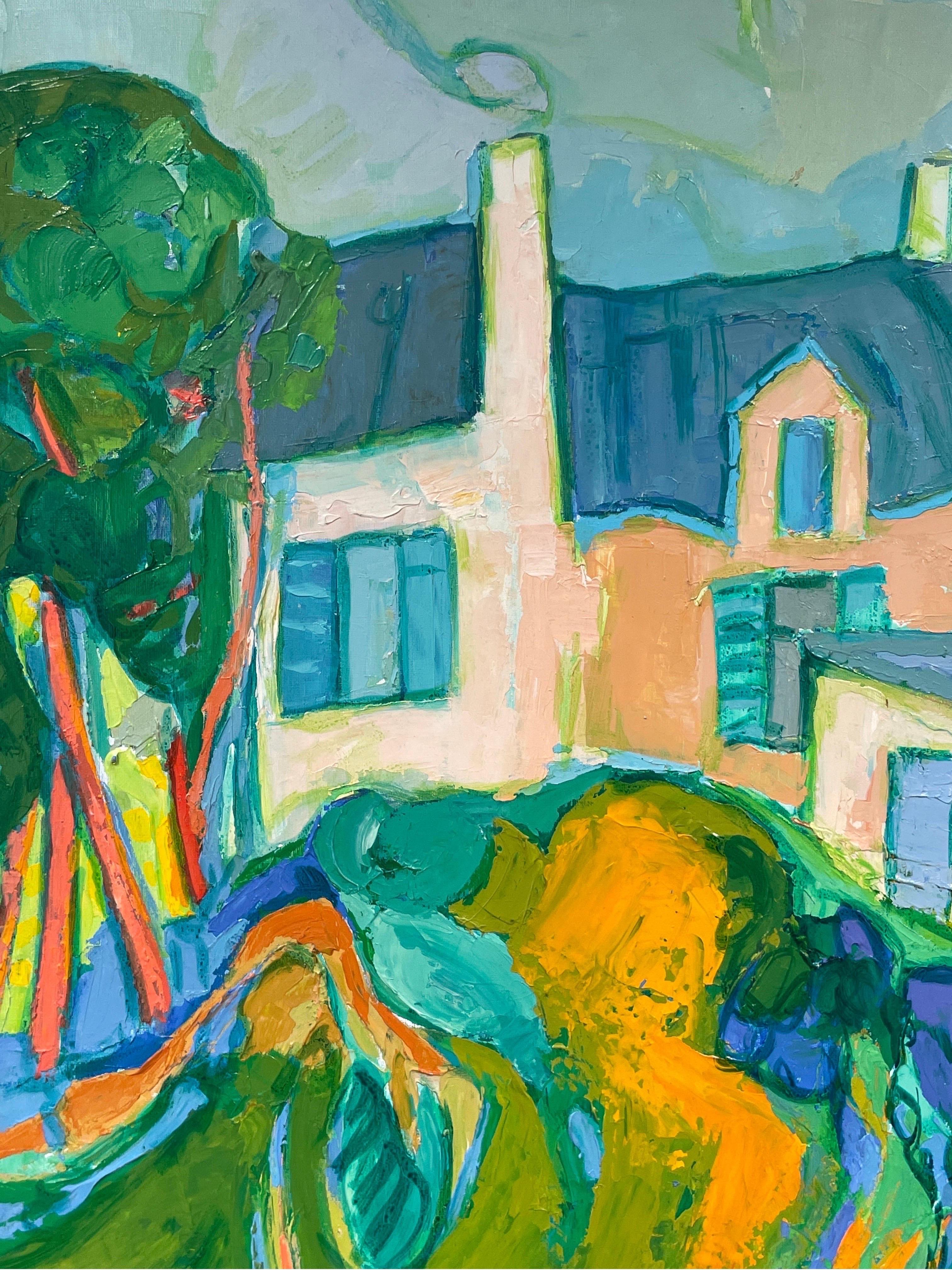 Huge French Fauvist Colorist Oil Painting Fishing Boats Brittany Cottages, 20thC 1