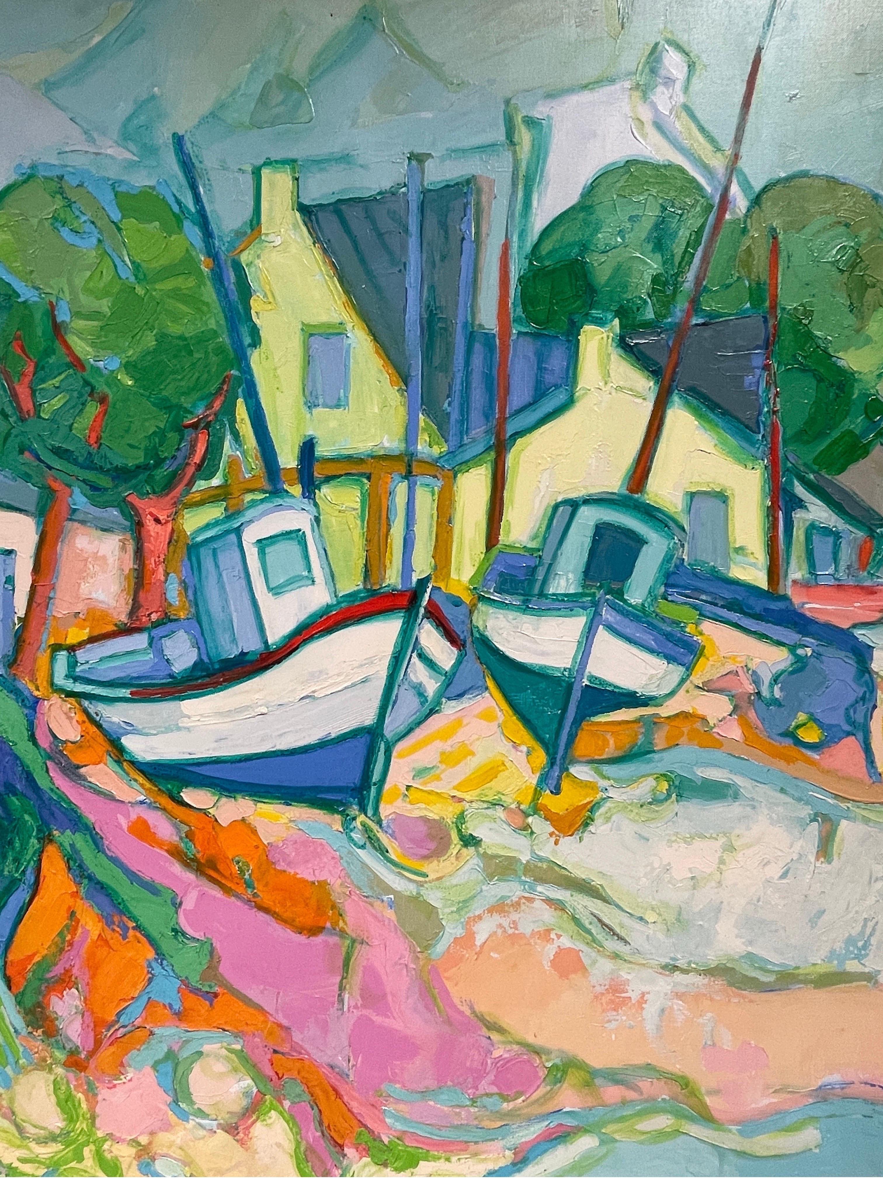 Huge French Fauvist Colorist Oil Painting Fishing Boats Brittany Cottages, 20thC 2