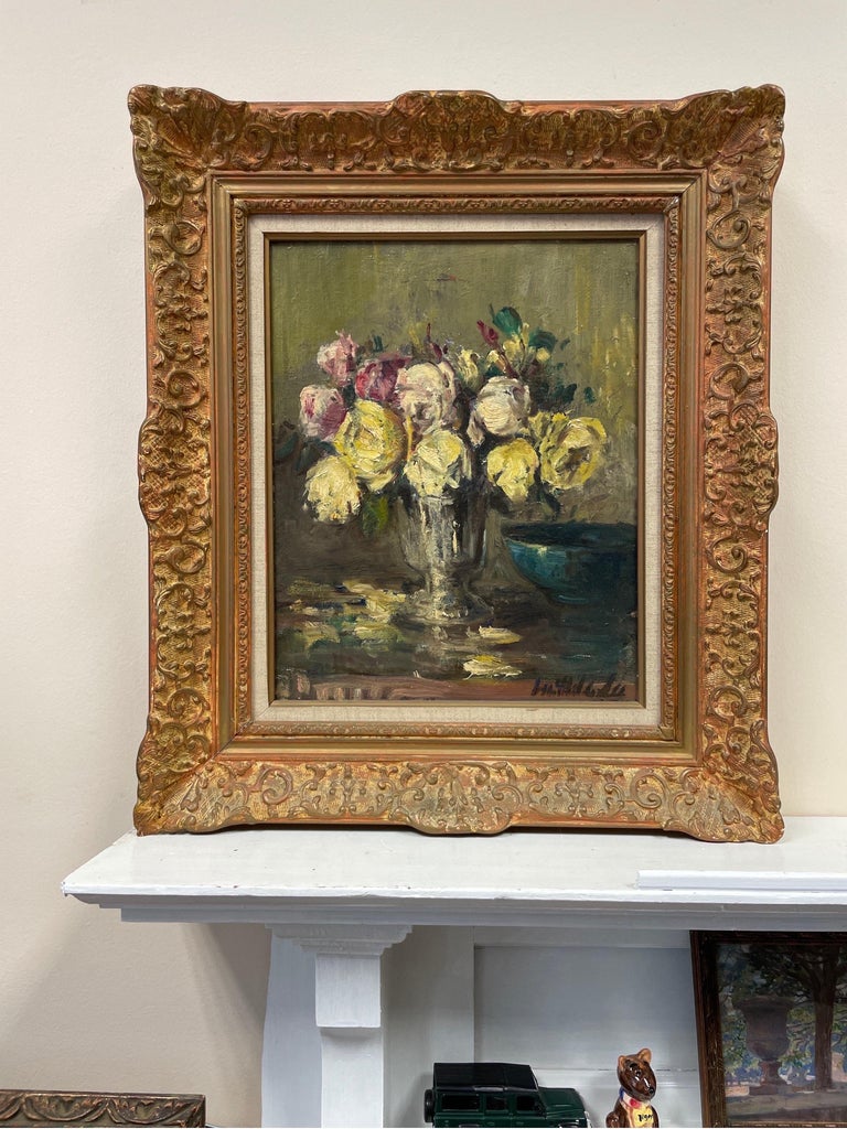 Antique French Impressionist Bouquet de Fleurs in Vase, signed oil painting - Painting by 1900's French Impressionist
