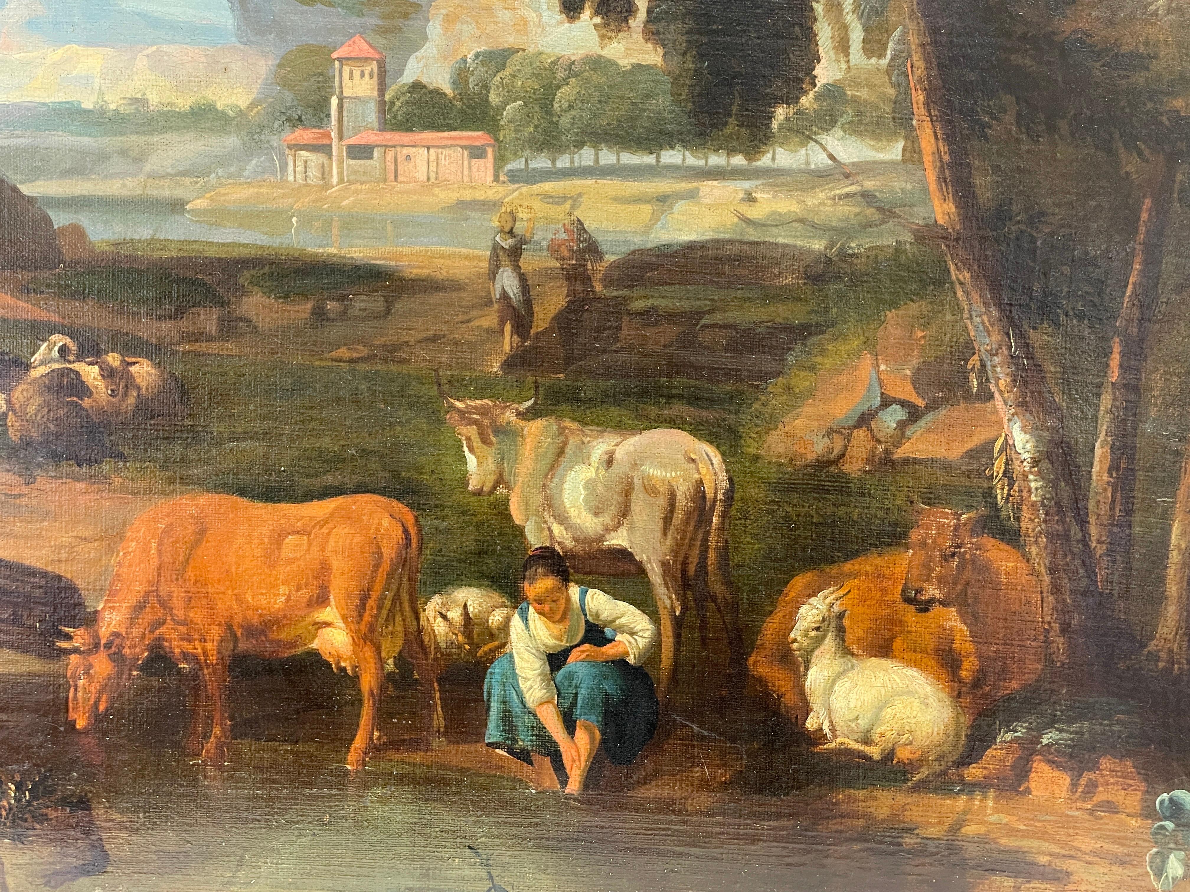 The Shepherdess
Italian School, circa 1700's
oil painting on canvas, unframed
canvas size: 25 x 31 inches
condition: relined and former restoration, very presentable and in good condition. 
Provenance: from a private collection of Old Master