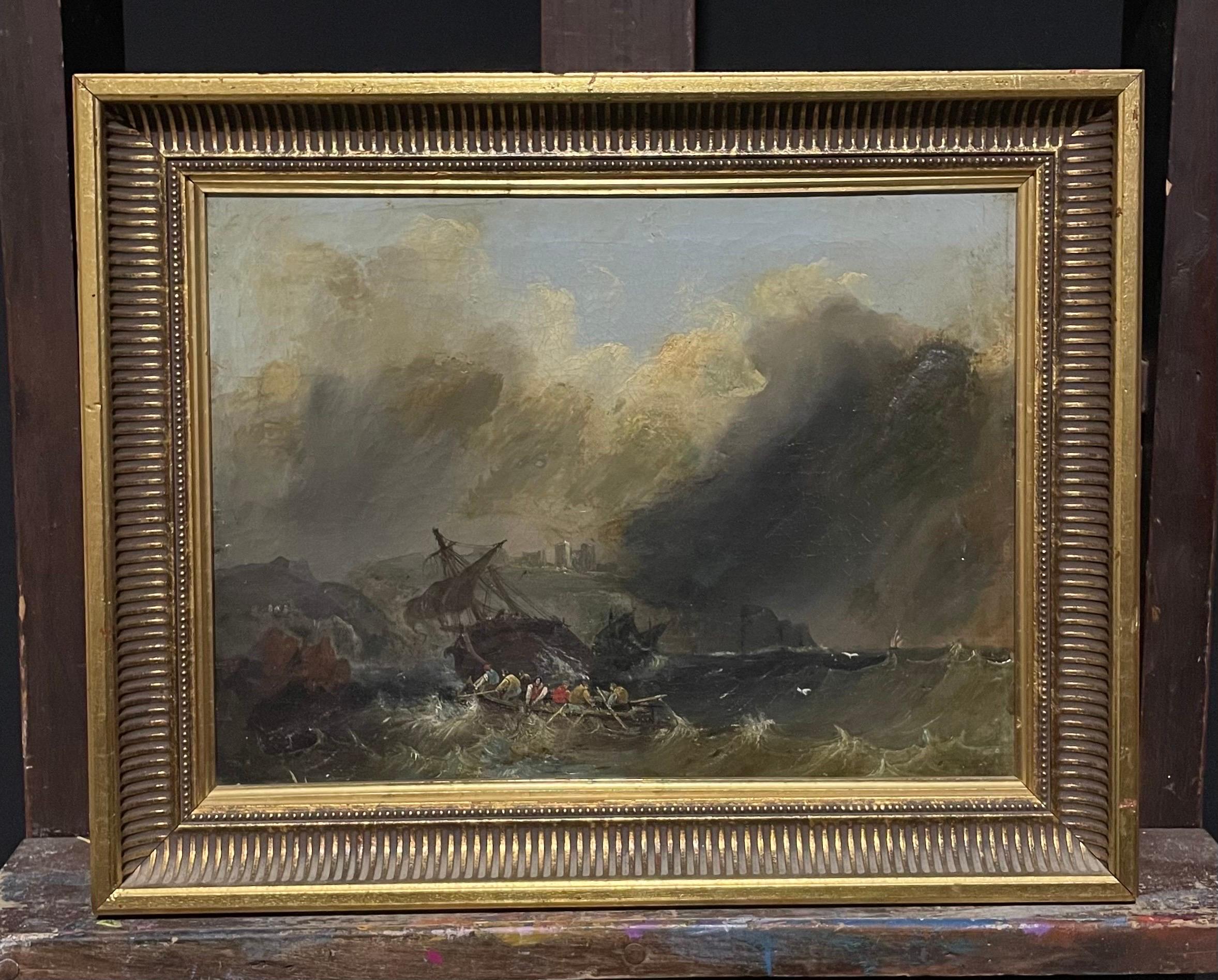 Antique British Marine Oil Painting Sailors in a Shipwreck Storm off the Coast - Gray Landscape Painting by British Victorian