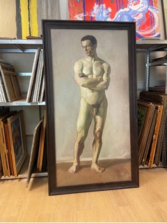 Enormous 1900's Dutch Impressionist Oil Male Nude Portrait, Full Length Nude Man