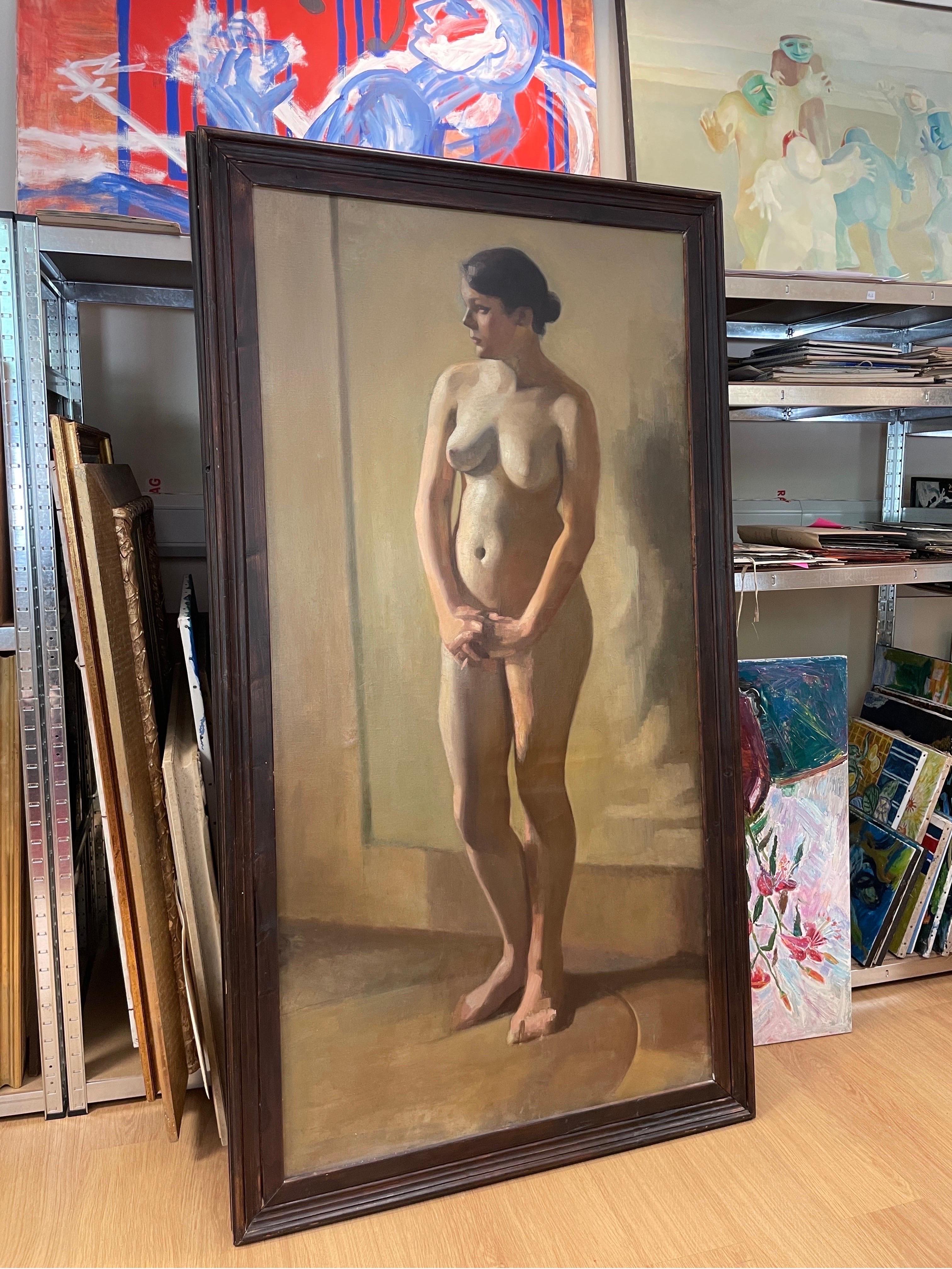 Enormous 1900's Dutch Impressionist Oil Female Nude Portrait, Full Length Nude  - Painting by Early 20thC Dutch