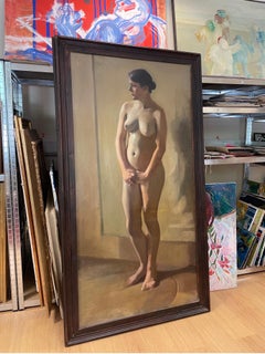 Enormous 1900's Dutch Impressionist Oil Female Nude Portrait, Full Length Nude