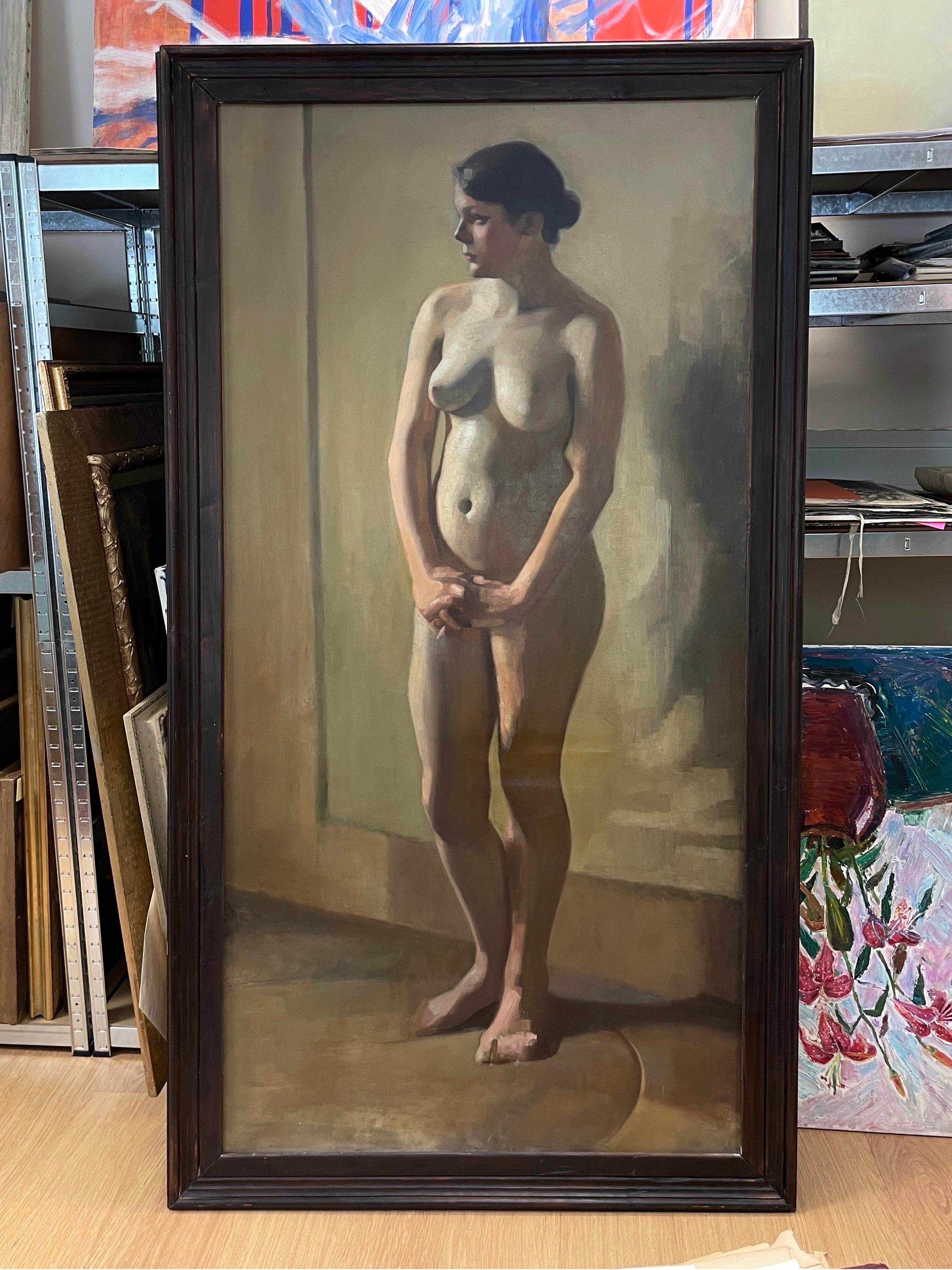Enormous 1900's Dutch Impressionist Oil Female Nude Portrait, Full Length Nude  - Post-Impressionist Painting by Early 20thC Dutch