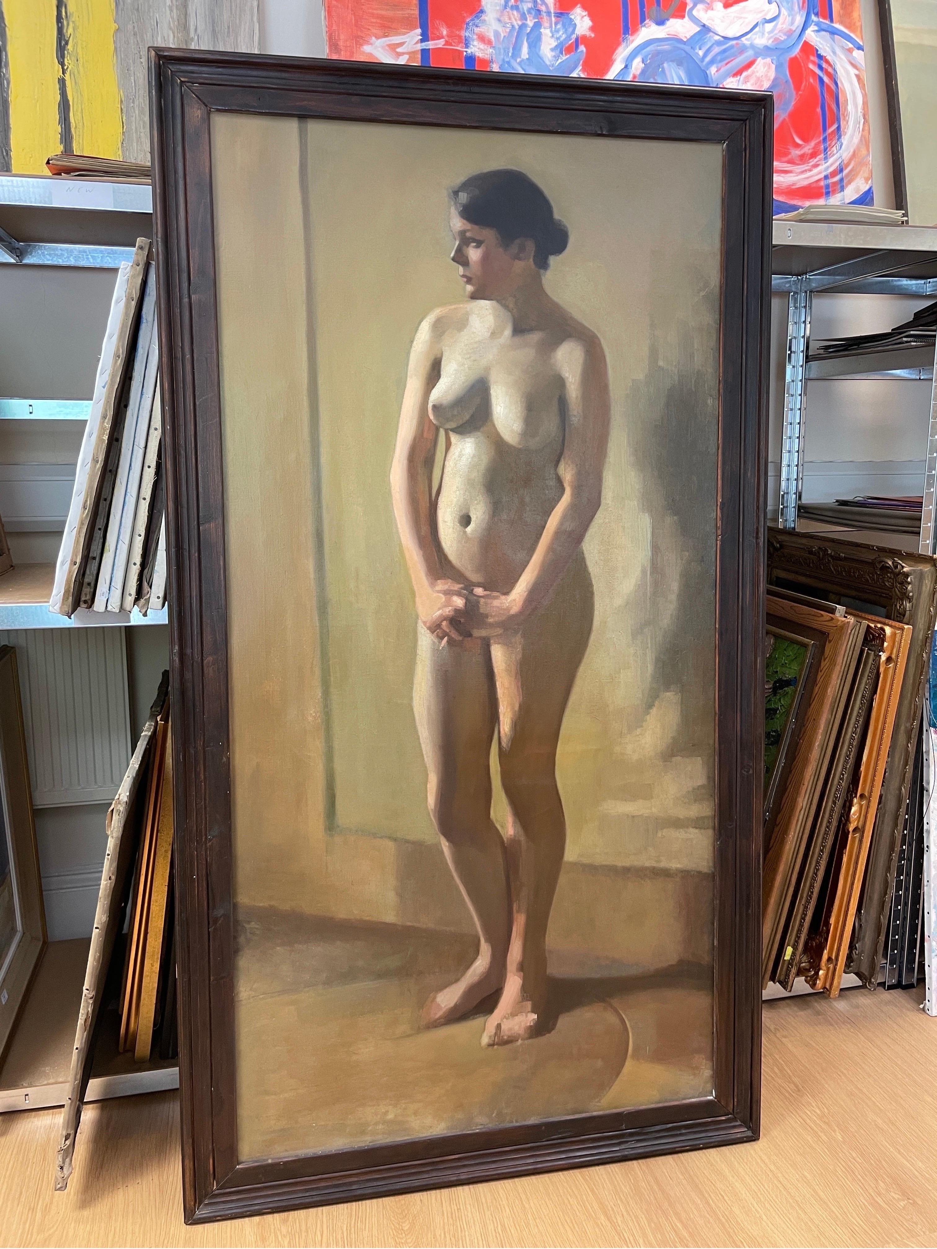 Enormous 1900's Dutch Impressionist Oil Female Nude Portrait, Full Length Nude  - Brown Nude Painting by Early 20thC Dutch