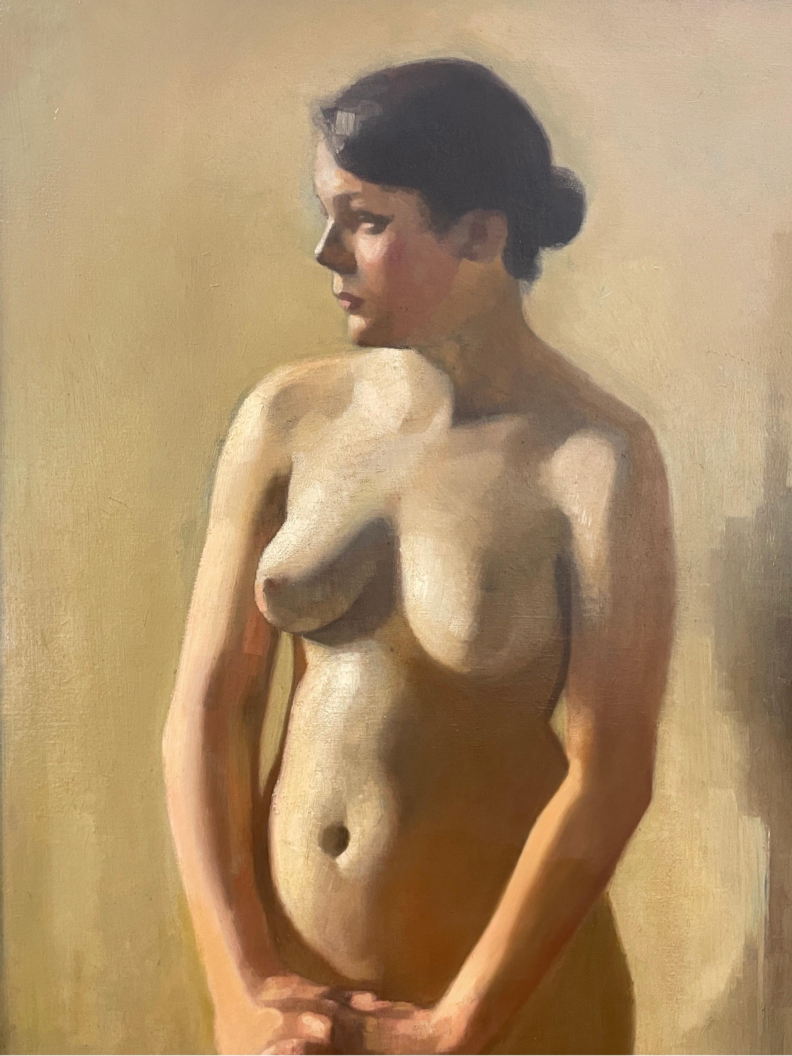 Female Nude Portrait
by J. Loots, Dutch School, early 20th century
signed and inscribed verso
oil painting on canvas, framed
framed size: 77 inches high x 43 inches wide. 
condition: very good and presentable (old repair patches evident