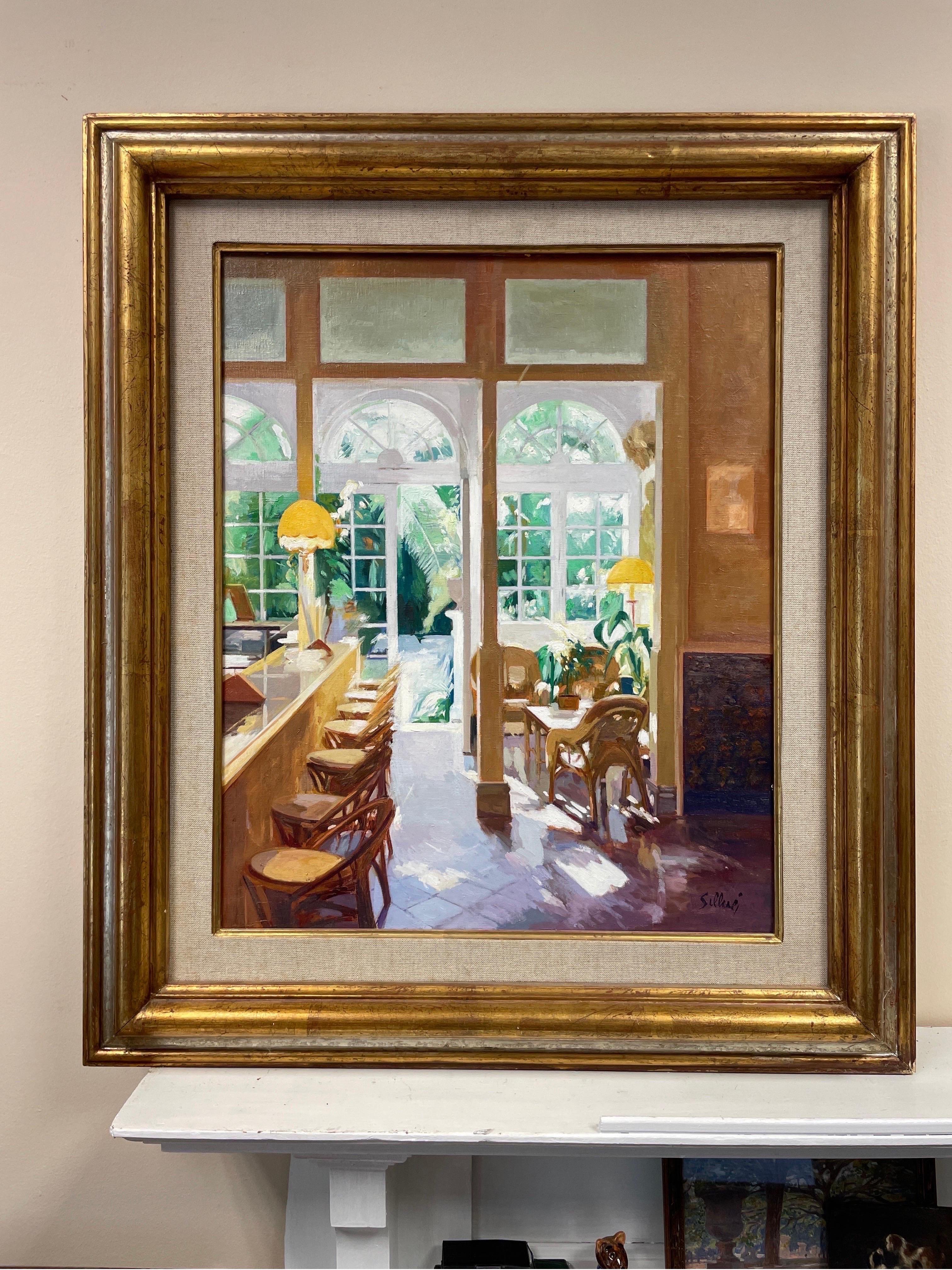 Large Spanish Contemporary Oil Painting Garden Conservatory in Hotel Bar 1