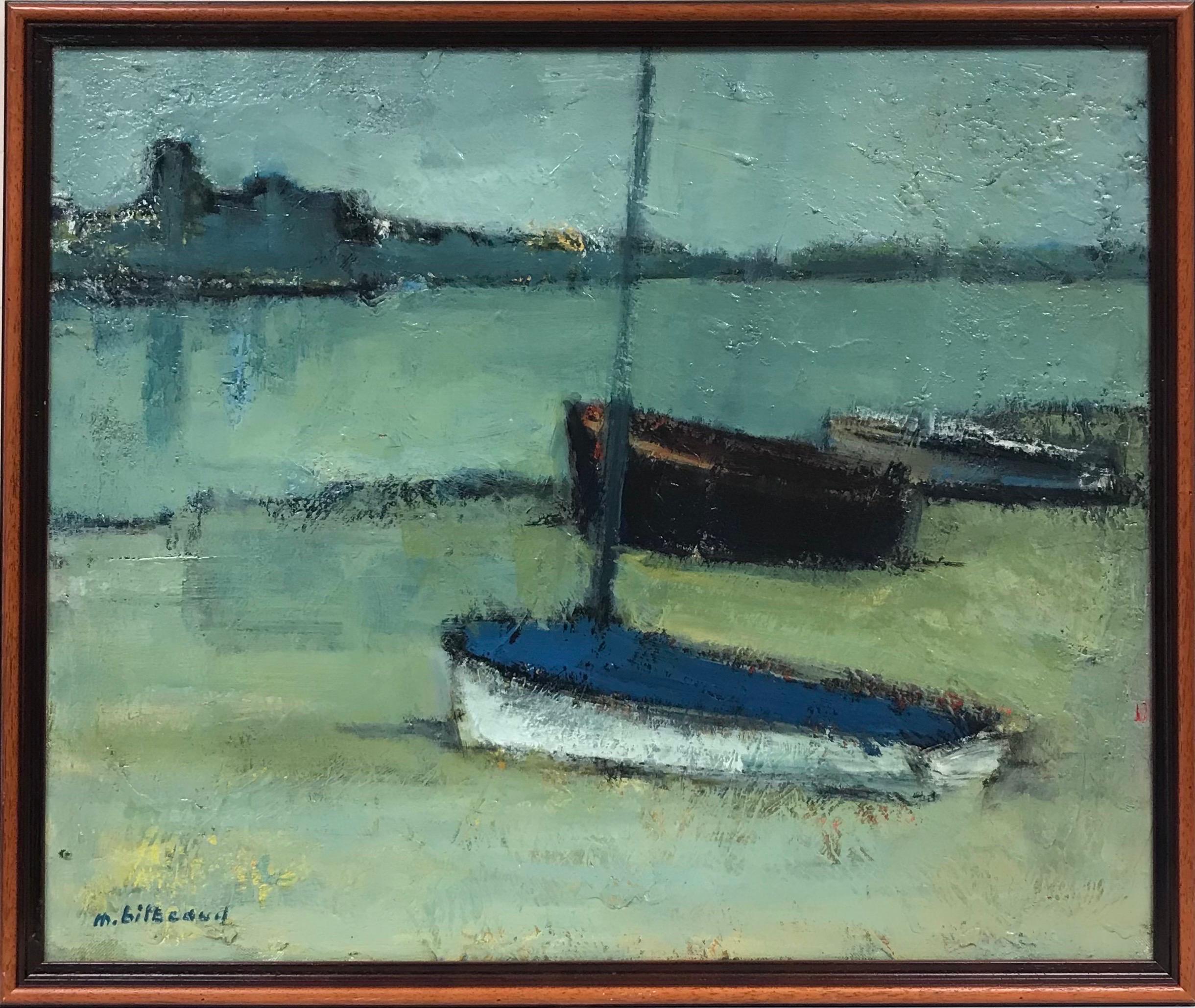 Boats at St. Raphael Harbour Cote d'Azur France, Signed French Modernist Oil - Painting by Maurice Bilbeaud