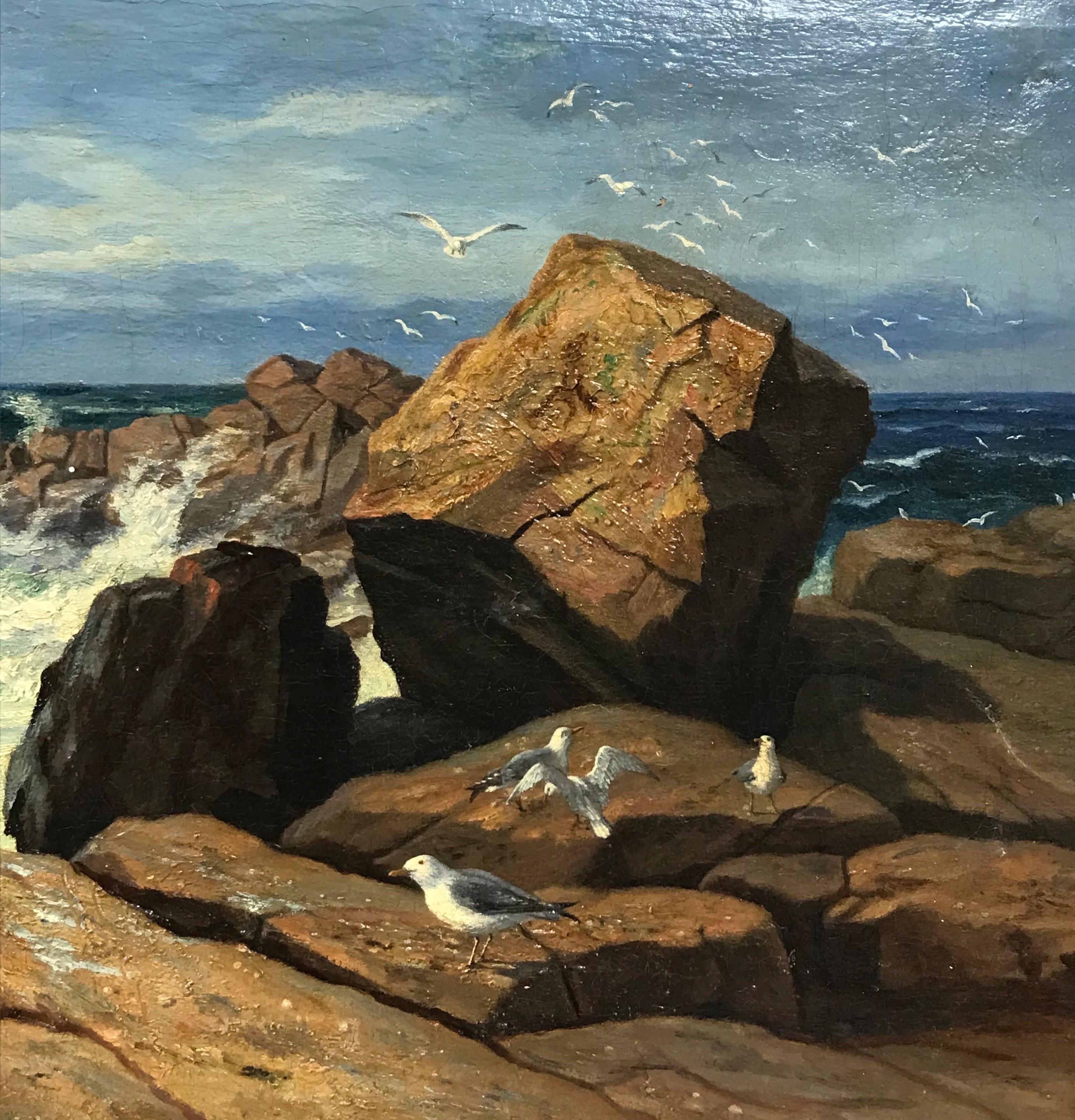 Victorian Scottish Oil Painting Rocky Seascape Coastal Scene with Seagulls 1