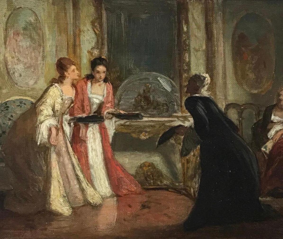 Fine Victorian British Oil Painting Elegant Figures in Sumptuous Interior Room