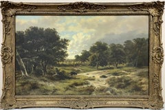 Antique Fine Victorian Large Oil Painting Animals in Pastoral Landscape, Beautiful Frame
