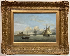 18th Century Dutch Marine Oil Painting on Panel Shipping in Calm Estuary