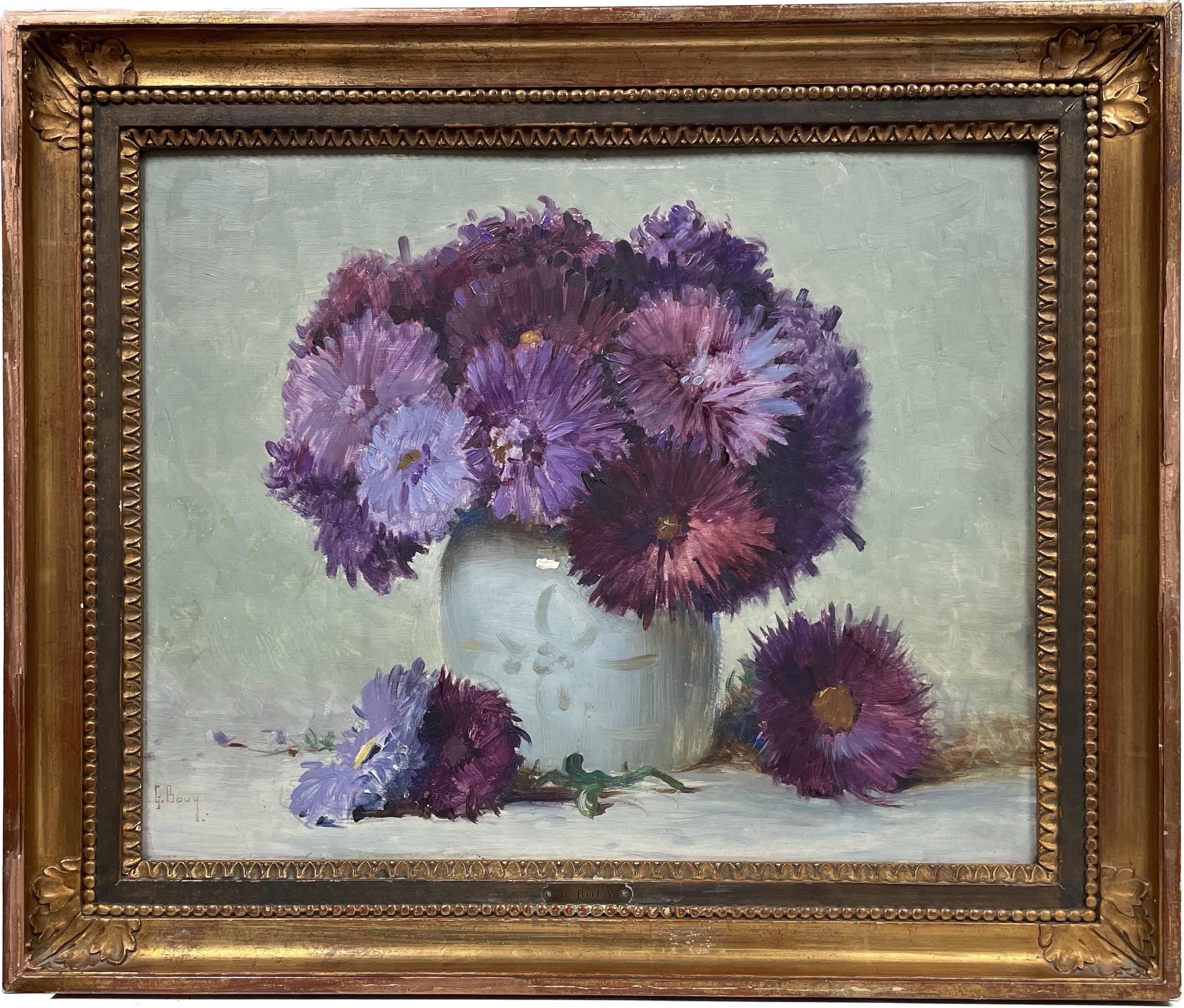 Purple Flowers in Grey Vase, Beautiful 1950's French Signed Oil Painting 1