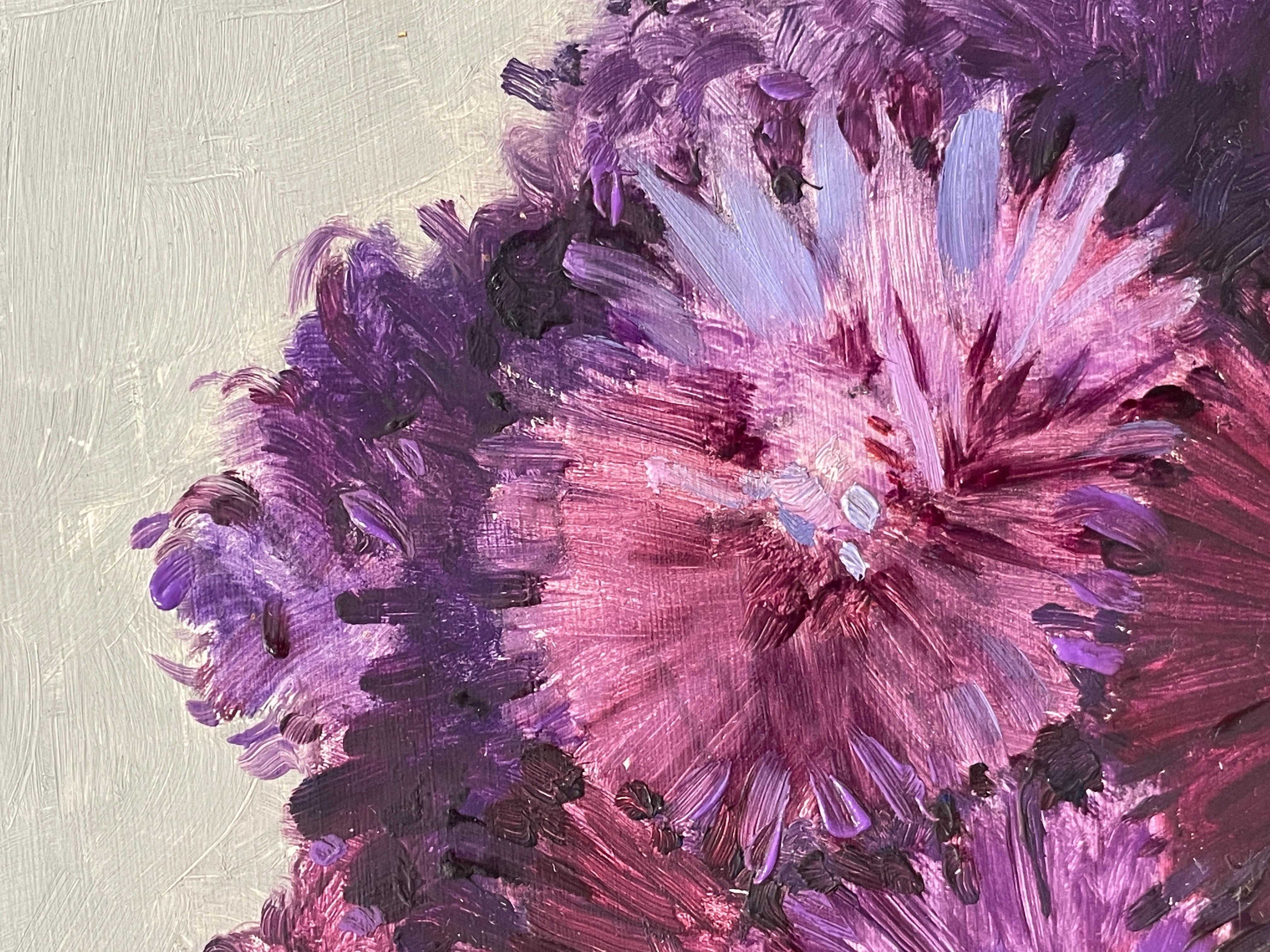 Purple Flowers in Grey Vase, Beautiful 1950's French Signed Oil Painting 2