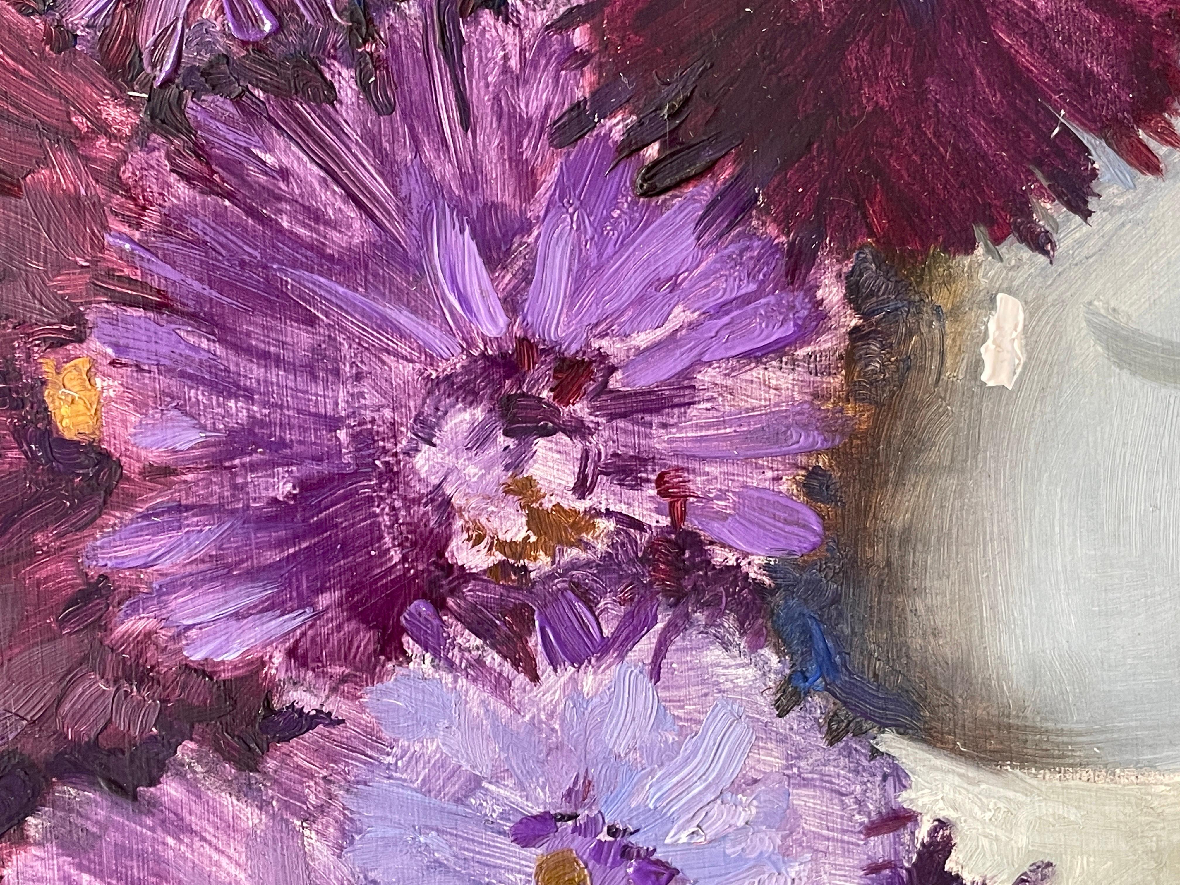 Purple Flowers in Grey Vase, Beautiful 1950's French Signed Oil Painting 3