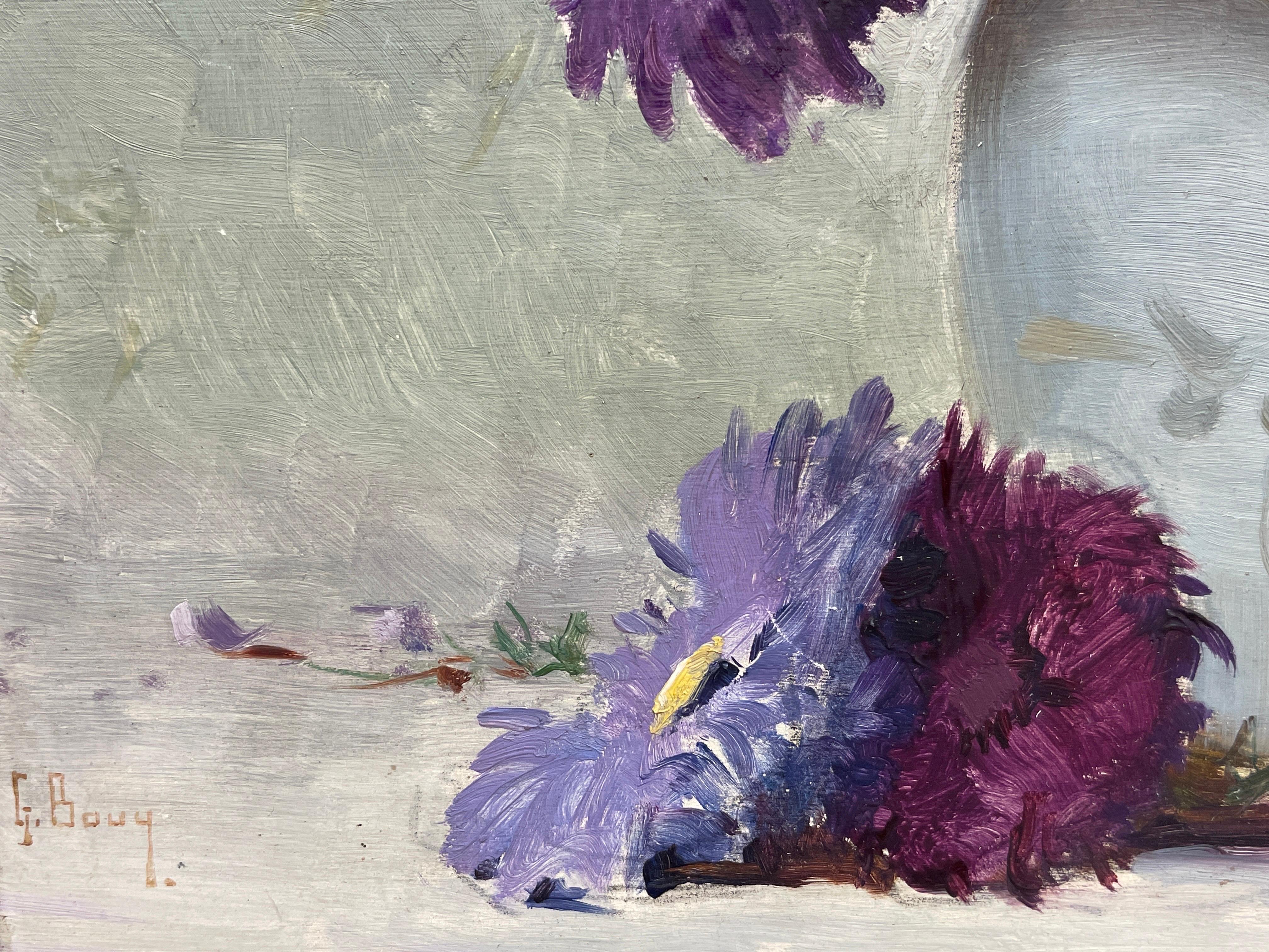 Purple Flowers in Grey Vase, Beautiful 1950's French Signed Oil Painting 5