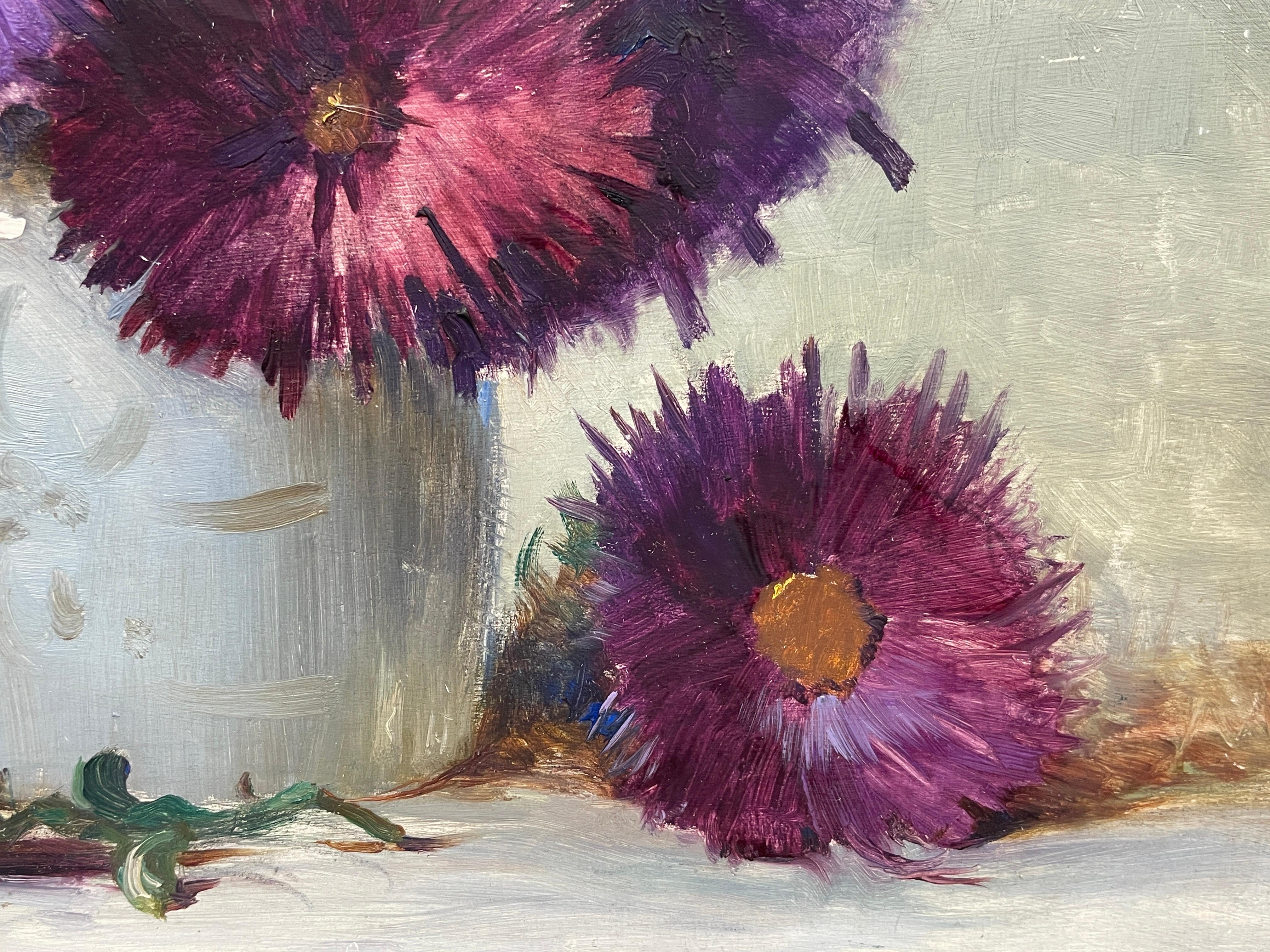 Purple Flowers in Grey Vase, Beautiful 1950's French Signed Oil Painting 6