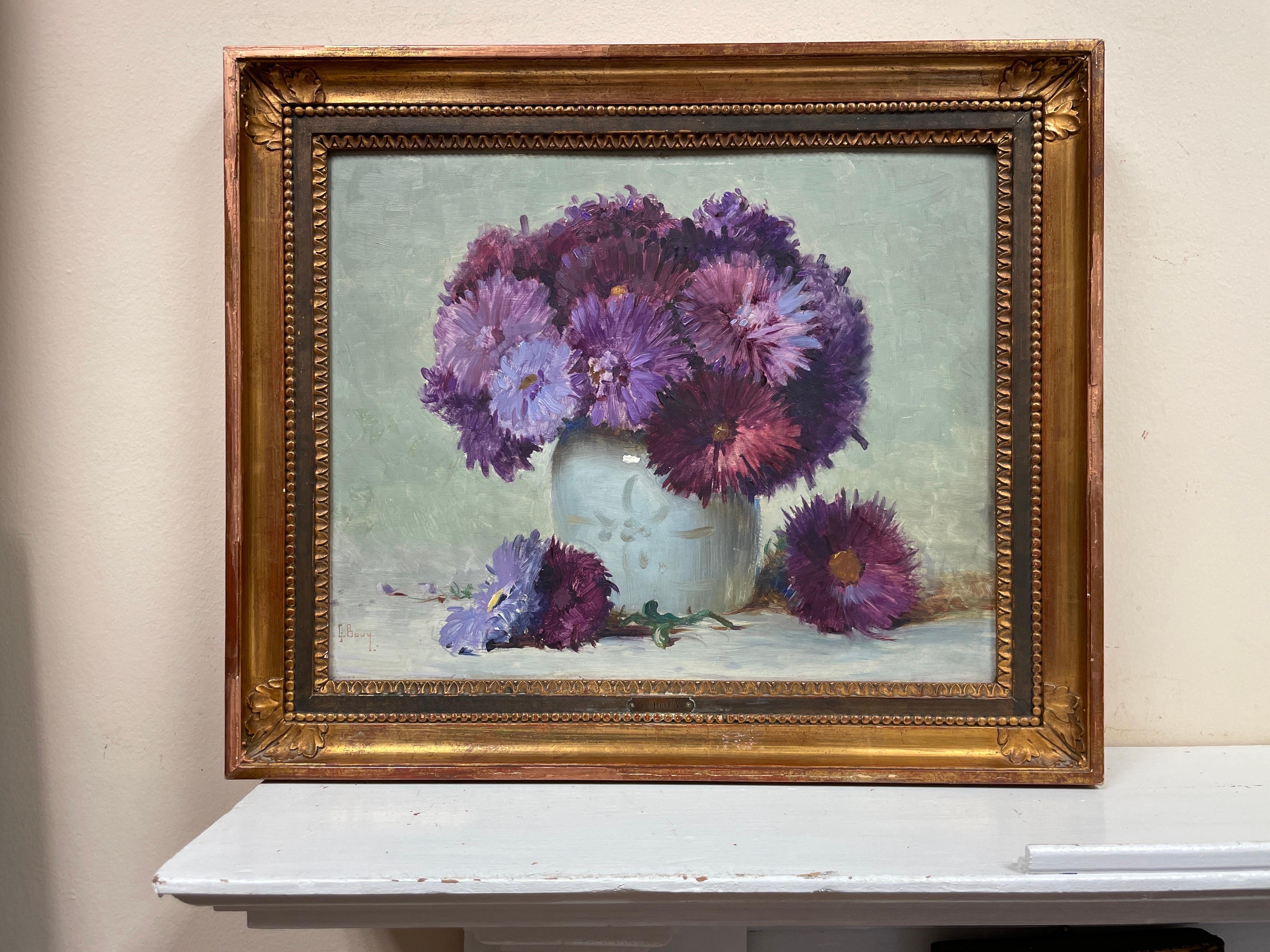 Purple Flowers in Grey Vase, Beautiful 1950's French Signed Oil Painting 8