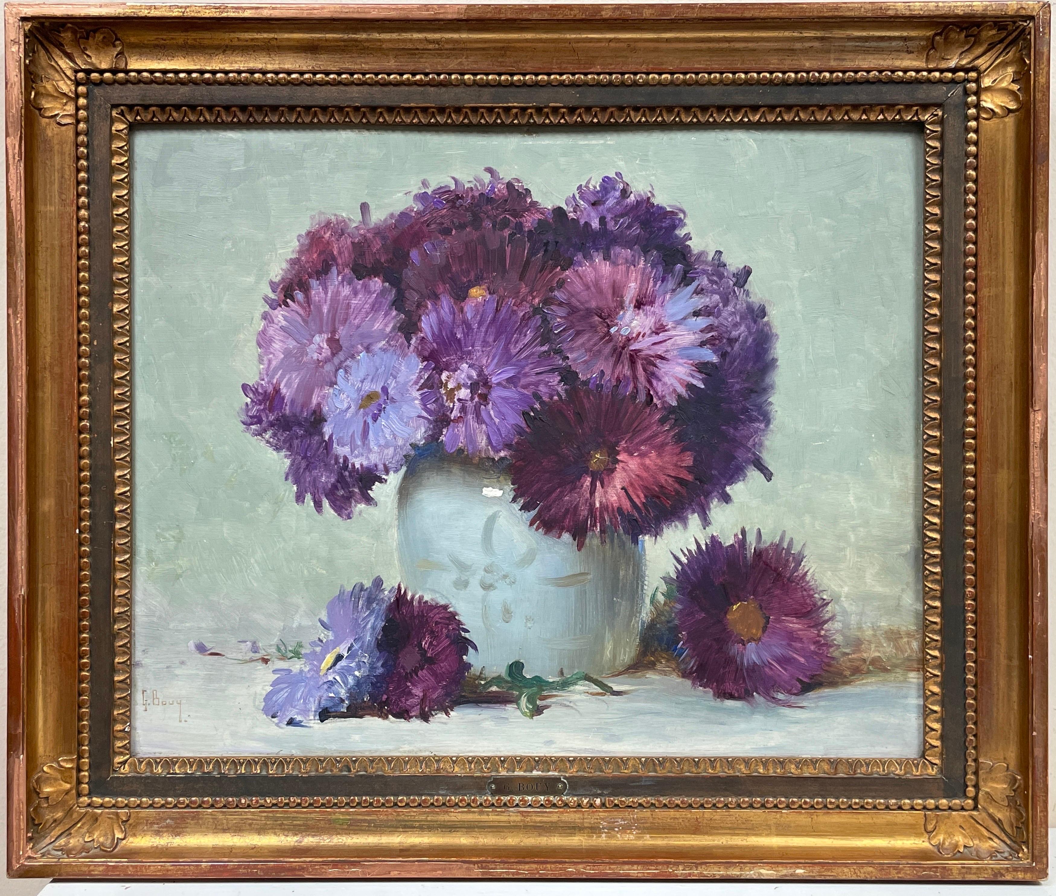 Purple Flowers in Grey Vase, Beautiful 1950's French Signed Oil Painting 9