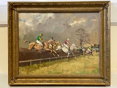 Fine British Horse Racing Oil Painting 'Steeple Chase' signed and dated 1970