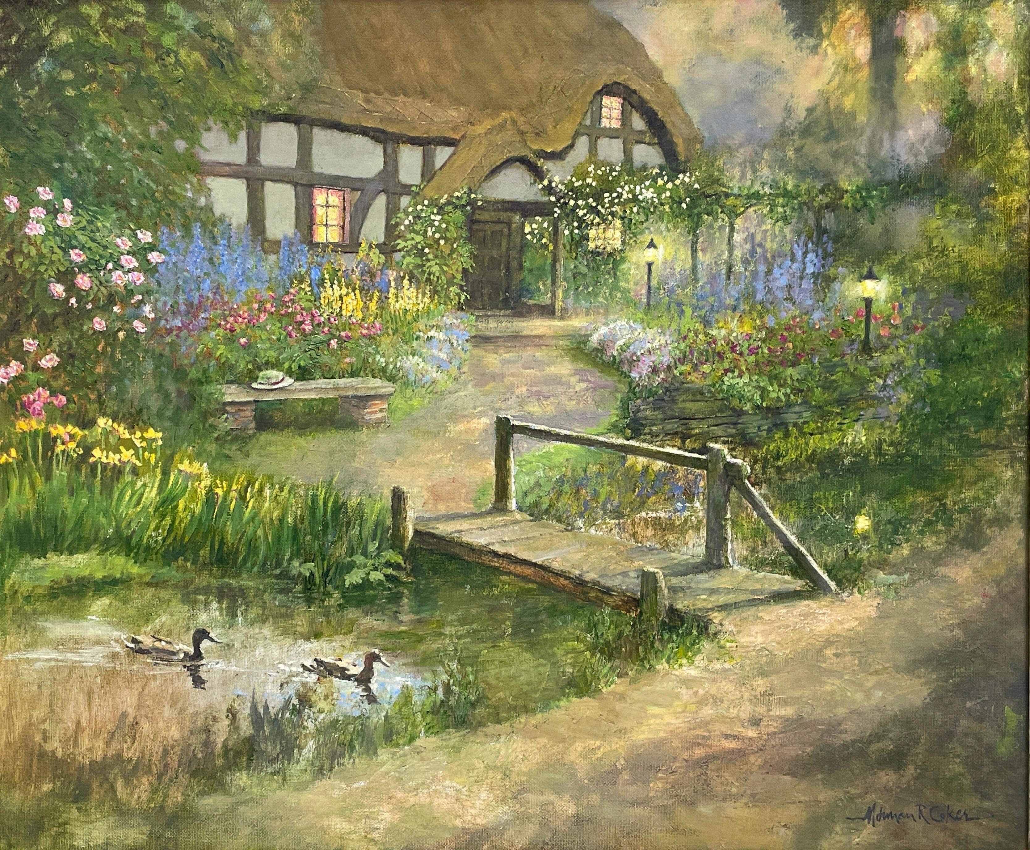 Grande peinture  l'huile impressionniste britannique d'un cottage de campagne, fleurs et canards - Impressionnisme Painting par Norman Coker