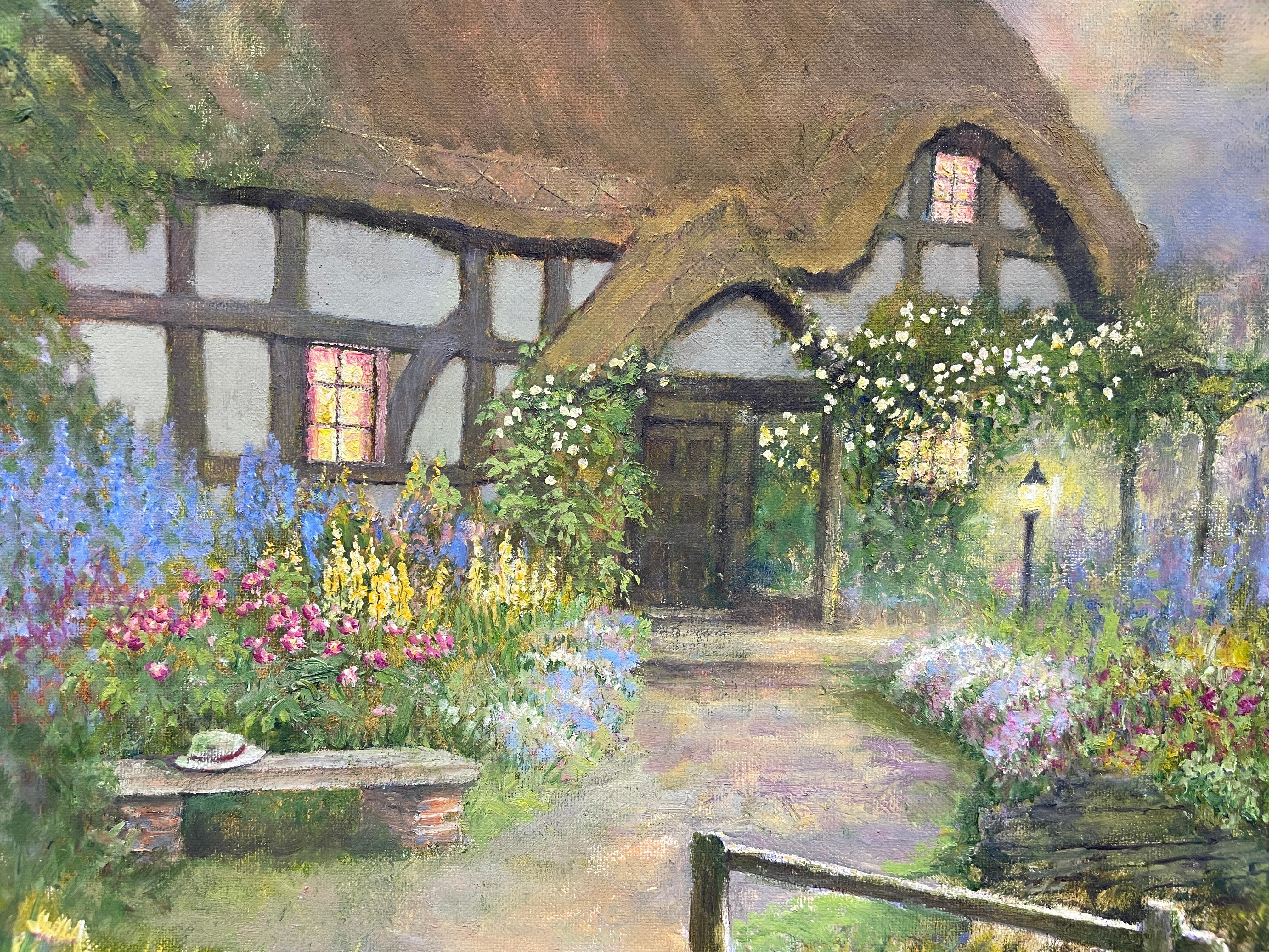 Grande peinture  l'huile impressionniste britannique d'un cottage de campagne, fleurs et canards en vente 2