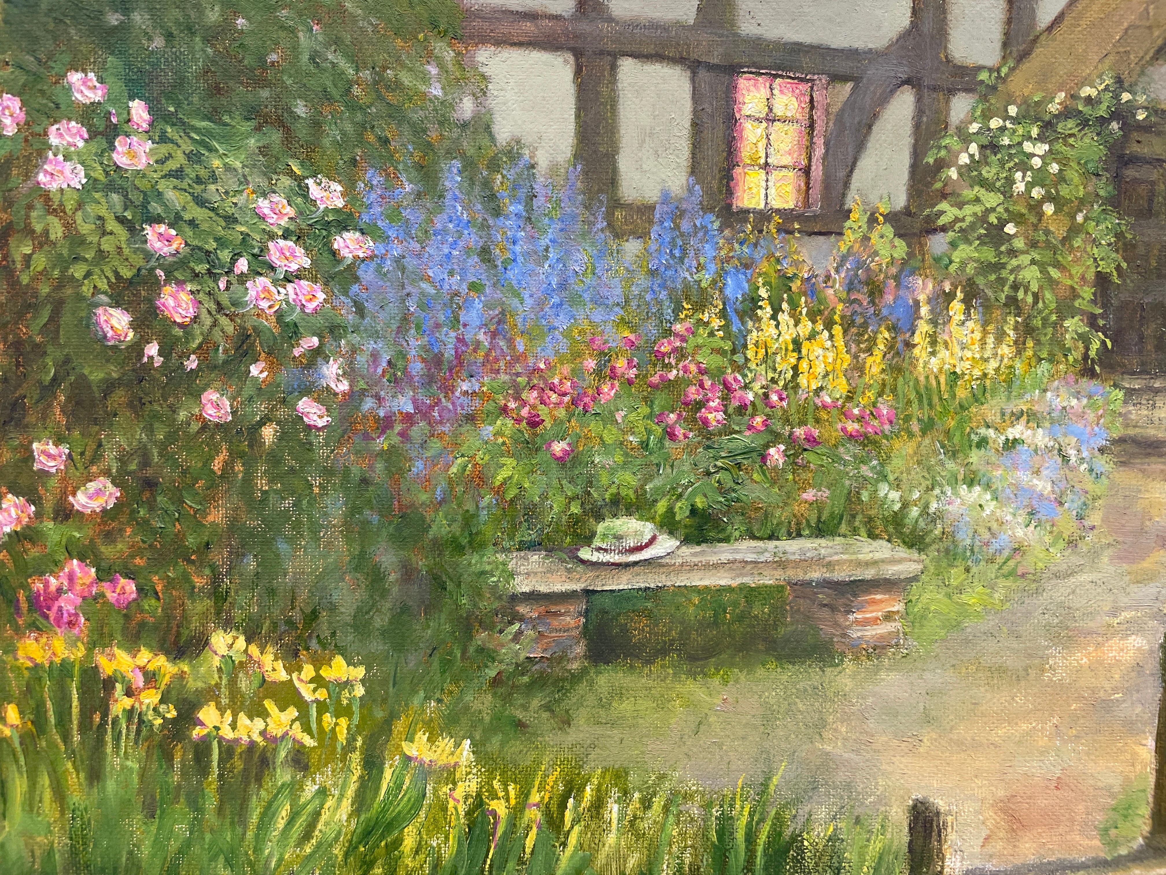 Grande peinture  l'huile impressionniste britannique d'un cottage de campagne, fleurs et canards en vente 4