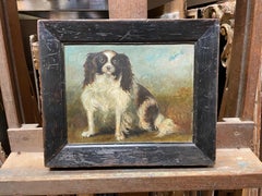 Antique English Naive Folk Art Oil Painting King Charles Cavalier Spaniel Dog
