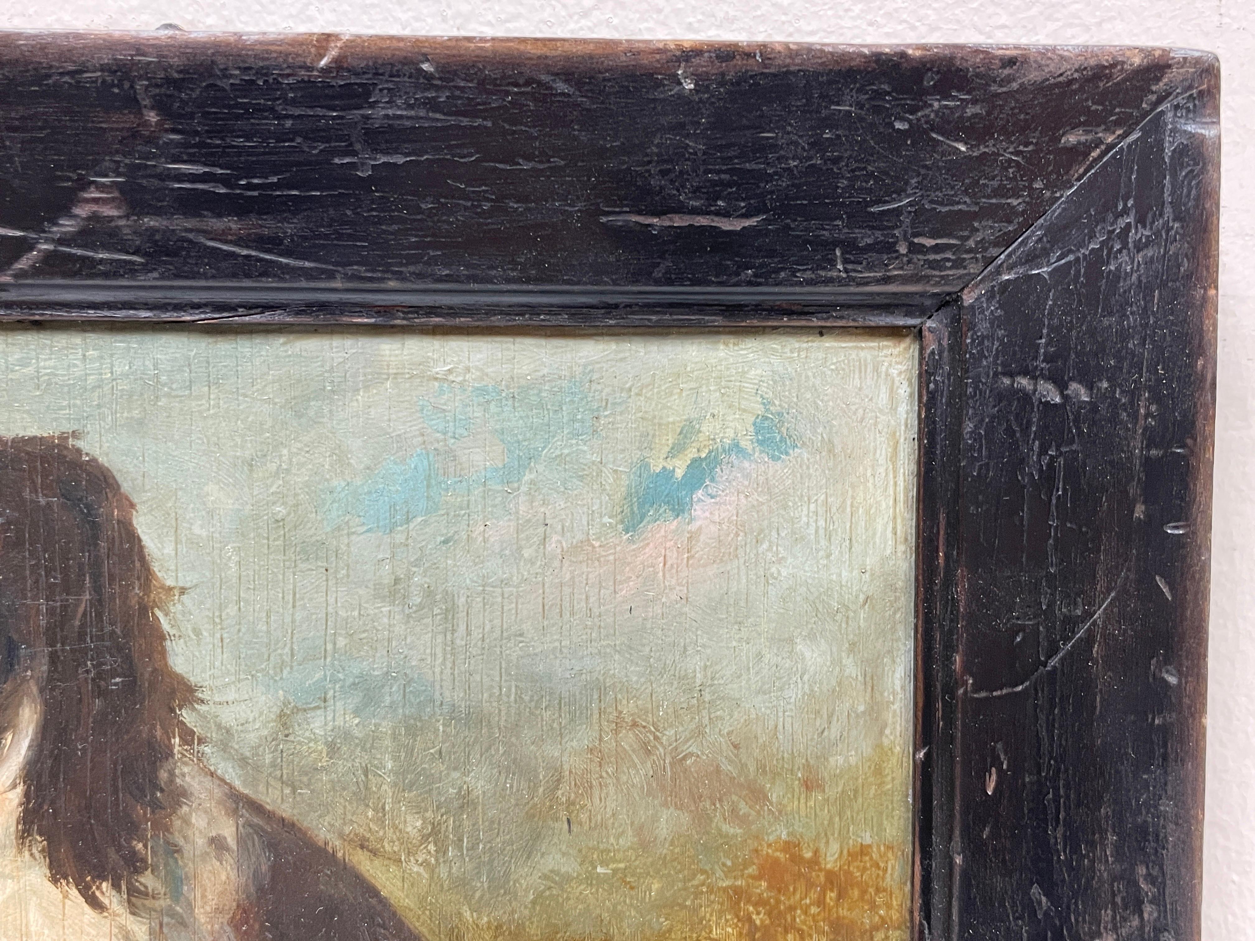 Antique English Naive Folk Art Oil Painting King Charles Cavalier Spaniel Dog 1