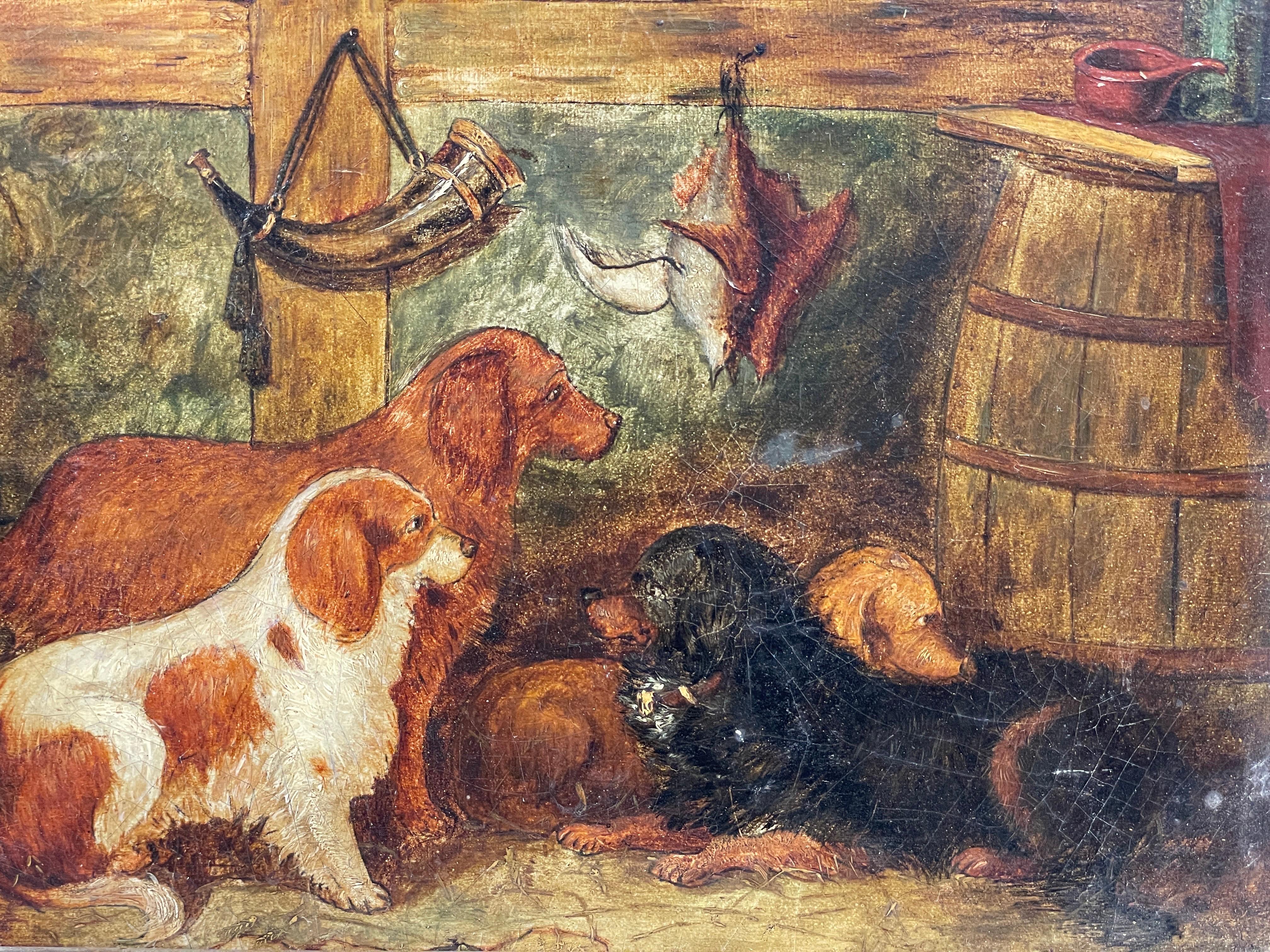 Four Spaniels in Barn Interior
English School, 19th century
oil painting on board, framed
framed size: 9.5 x 11 inches
condition: good condition, a few signs of age but basically good and presentable. The frame is antique and original to the