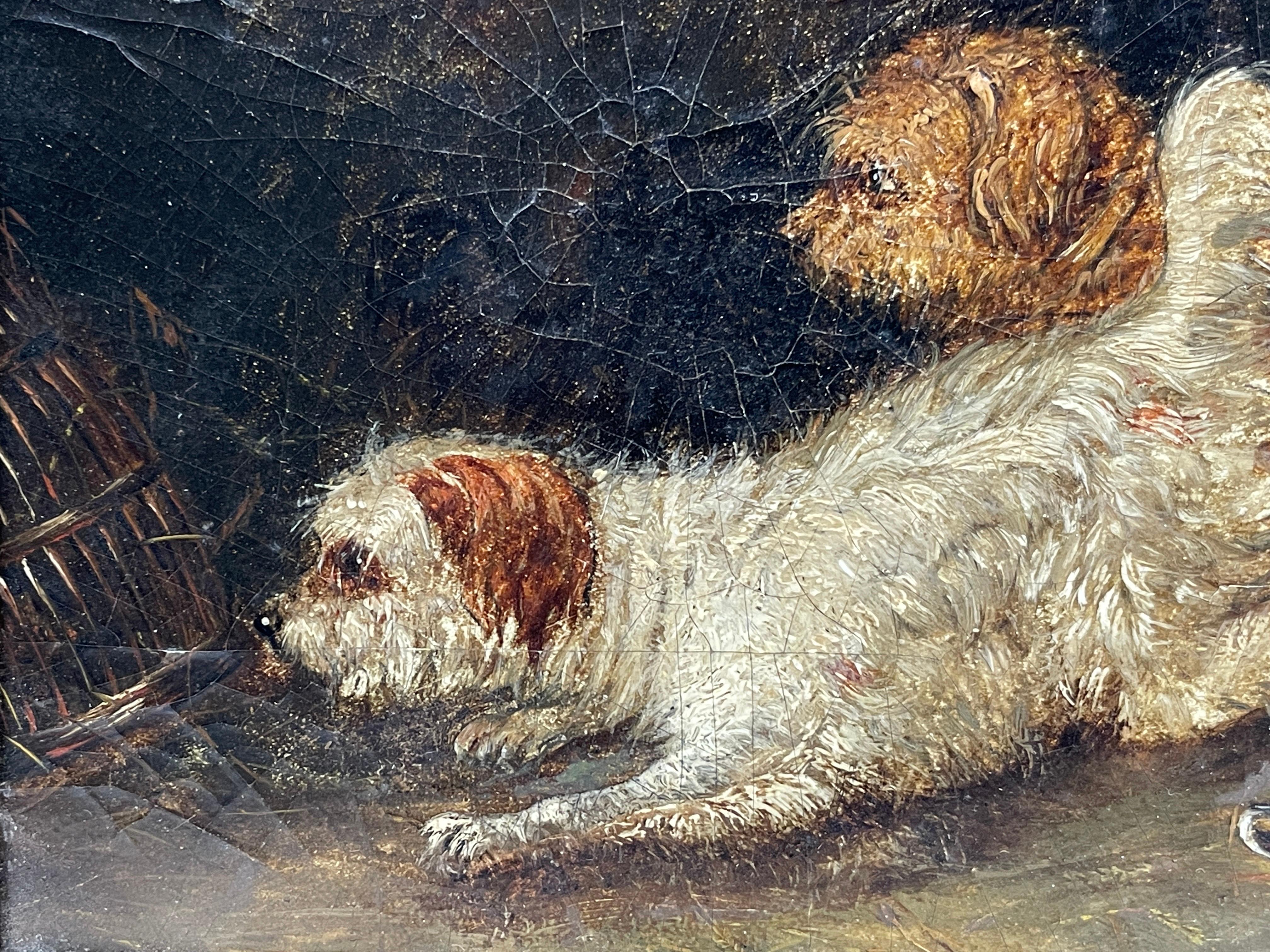 Terriers Ratting in Barn Interior
English School, 19th century
oil painting on board, framed
framed size: 9.5 x 11 inches
condition: good condition, a few signs of age but basically good and presentable. The frame is antique and original to the