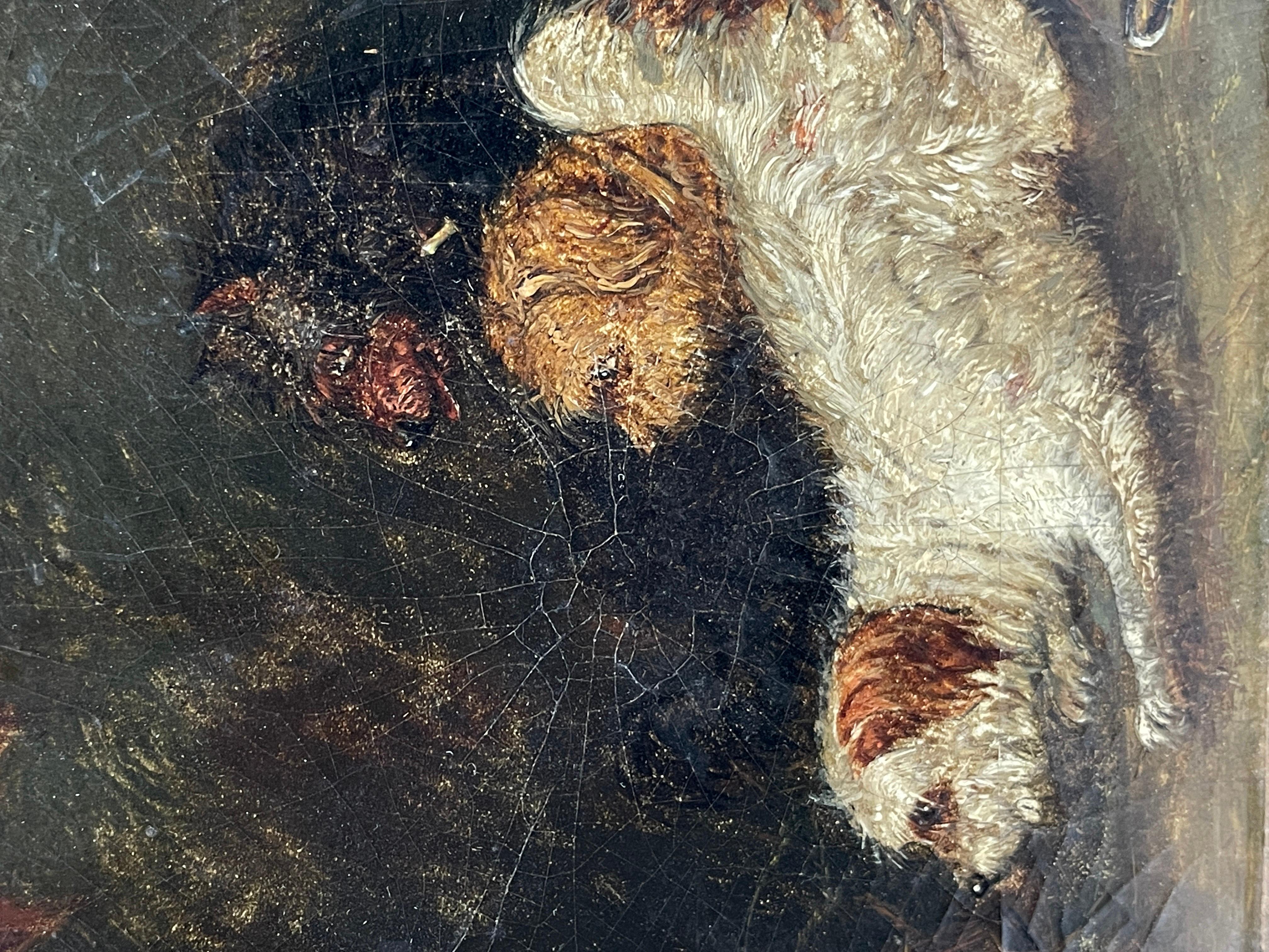 19th Century English Dog Oil Painting Terriers Ratting in Barn Interior 1