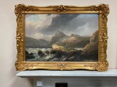Large 19th Century Scottish Oil Painting Sea Loch Mountains Castle Ruins Figures