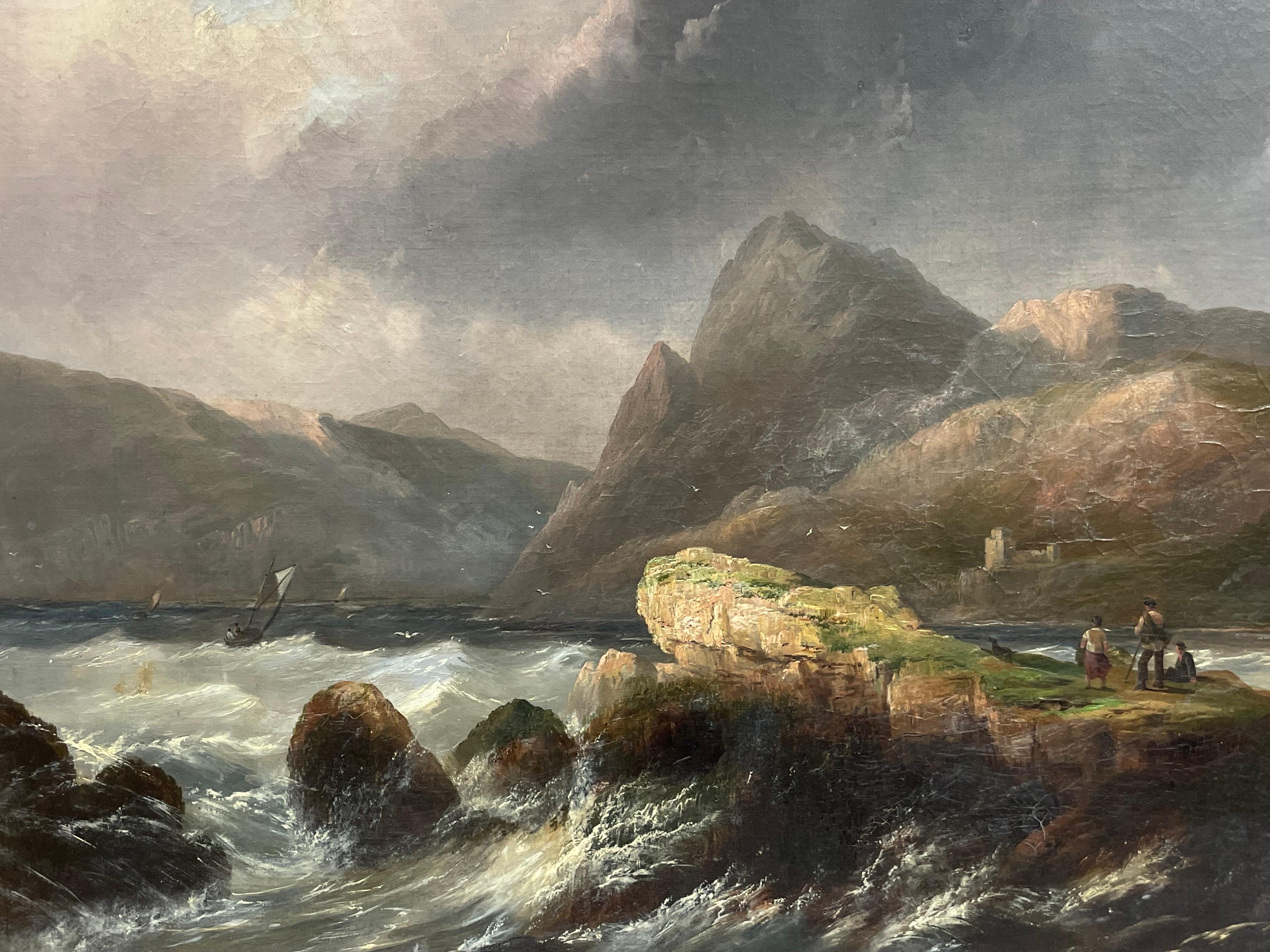 Large 19th Century Scottish Oil Painting Sea Loch Mountains Castle Ruins Figures For Sale 1
