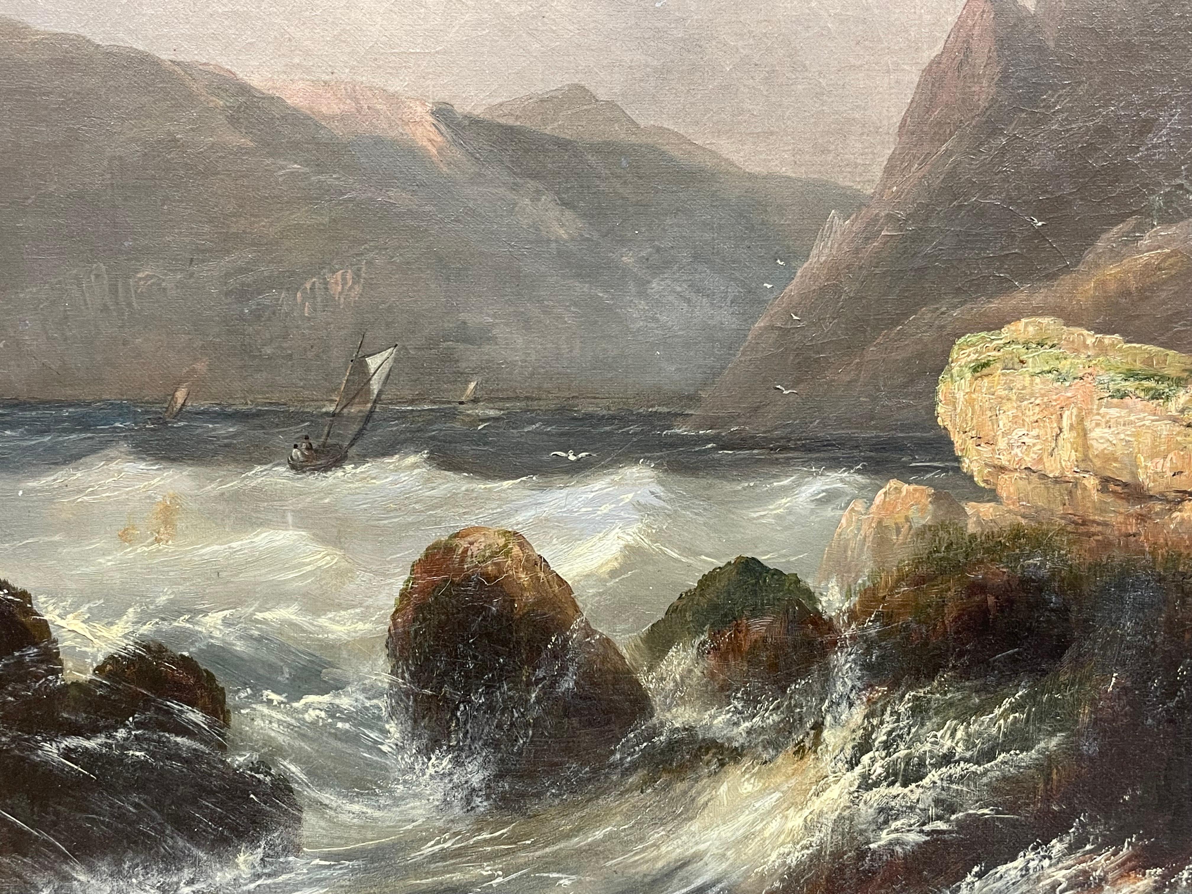 Large 19th Century Scottish Oil Painting Sea Loch Mountains Castle Ruins Figures For Sale 2