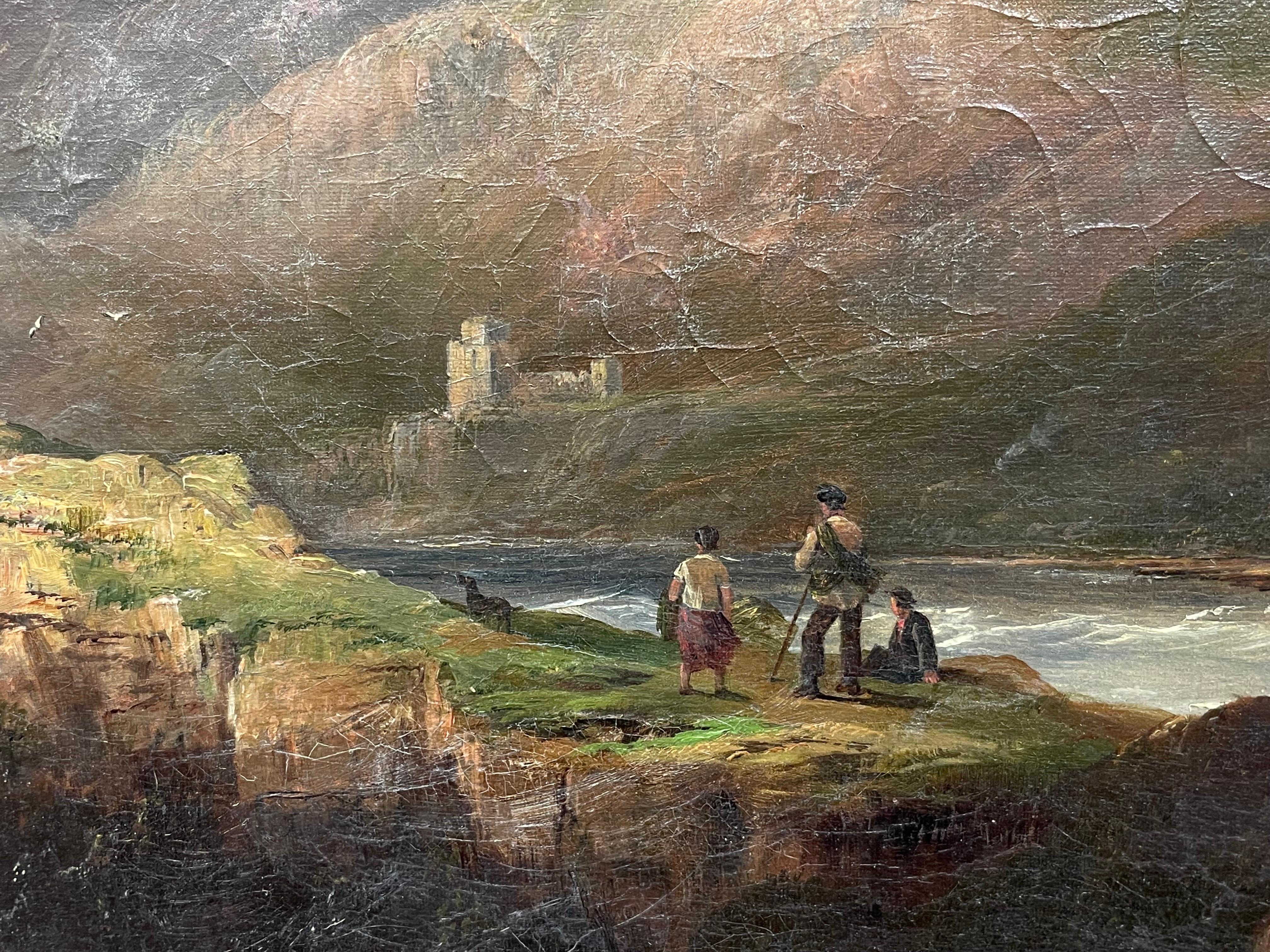 Large 19th Century Scottish Oil Painting Sea Loch Mountains Castle Ruins Figures For Sale 3