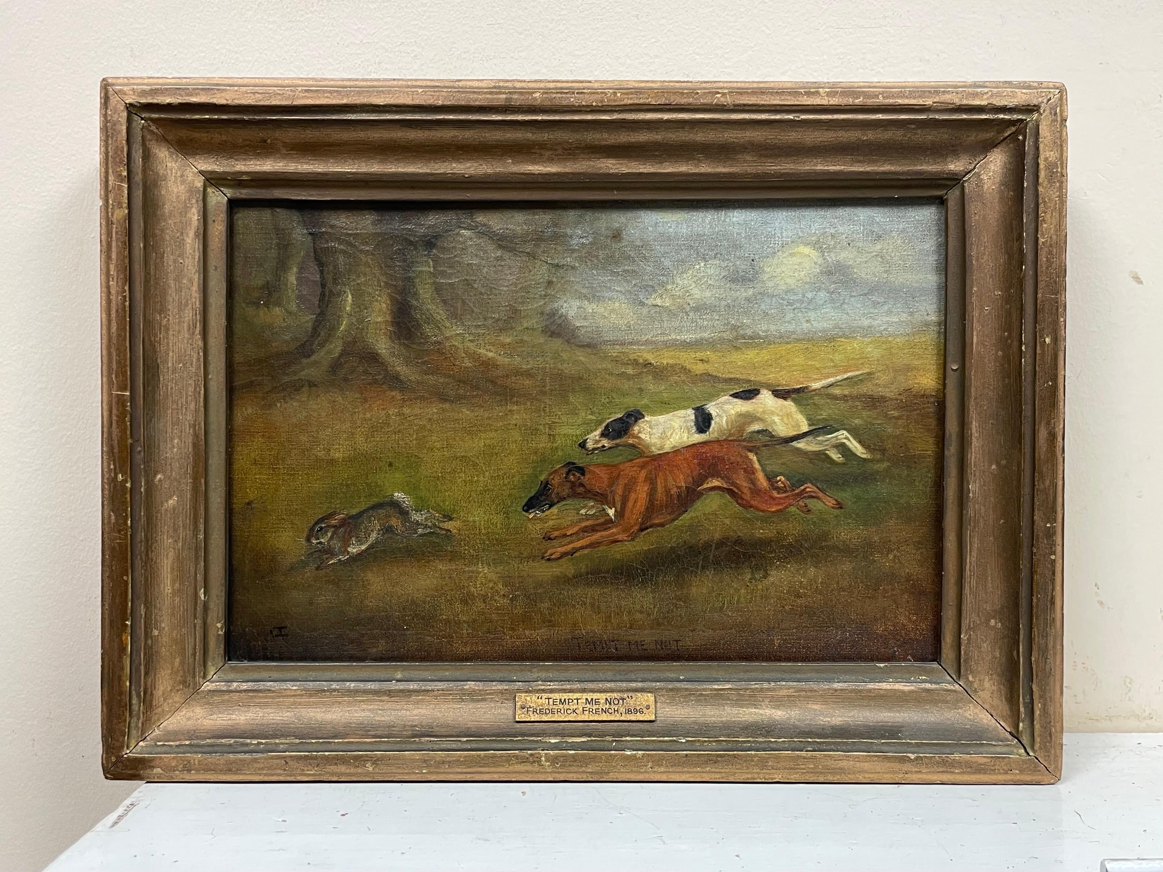 Fine peinture britannique du 19ème siècle représentant des chiens qui chassent des lapins, signée et datée de 1896 - Painting de Frederick French