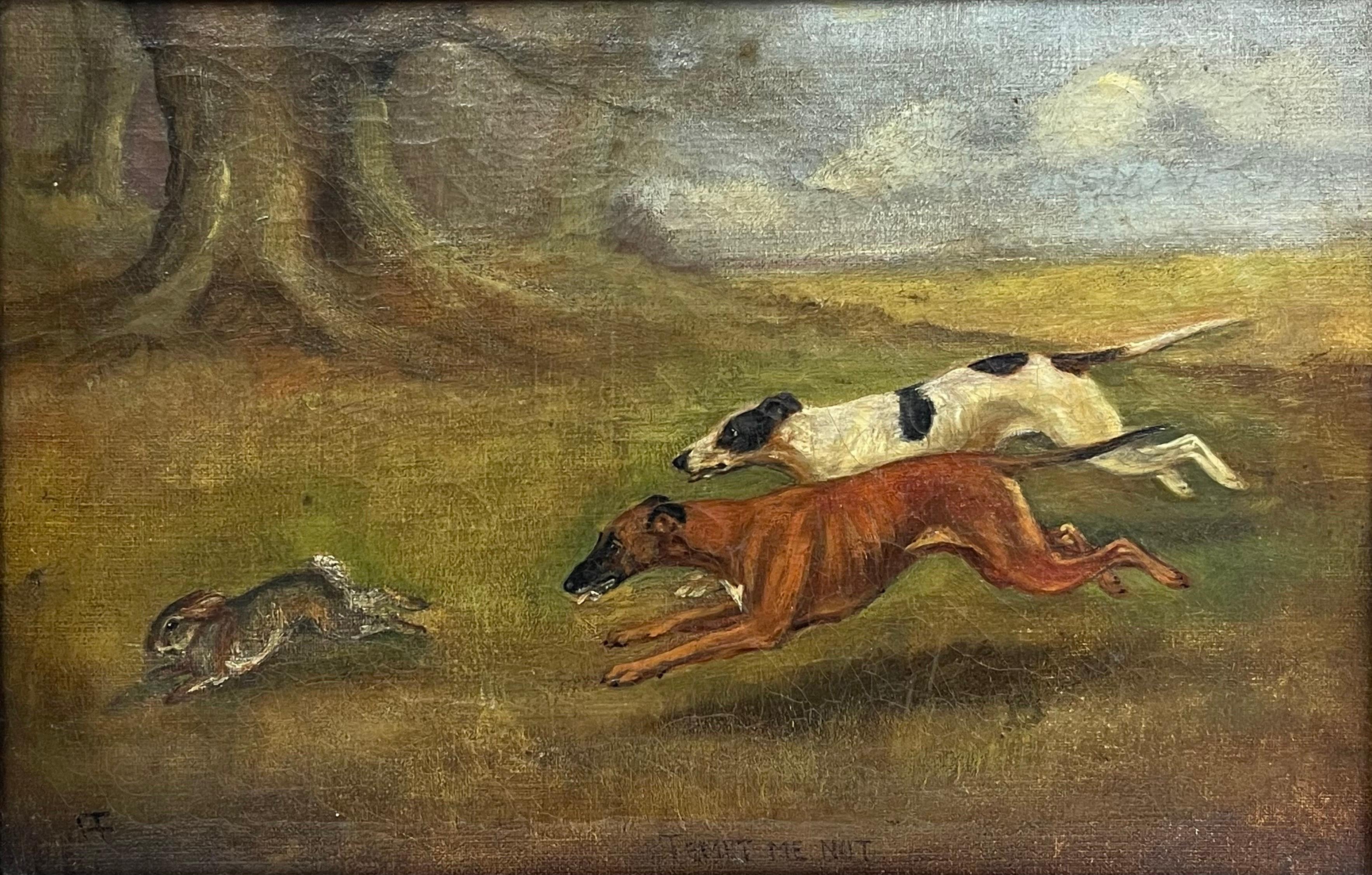 Fine peinture britannique du 19ème siècle représentant des chiens qui chassent des lapins, signée et datée de 1896 - Victorien Painting par Frederick French