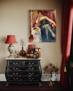 Élégante femme à l'intérieur français, peinture à l'huile post-impressionniste française des années 1960