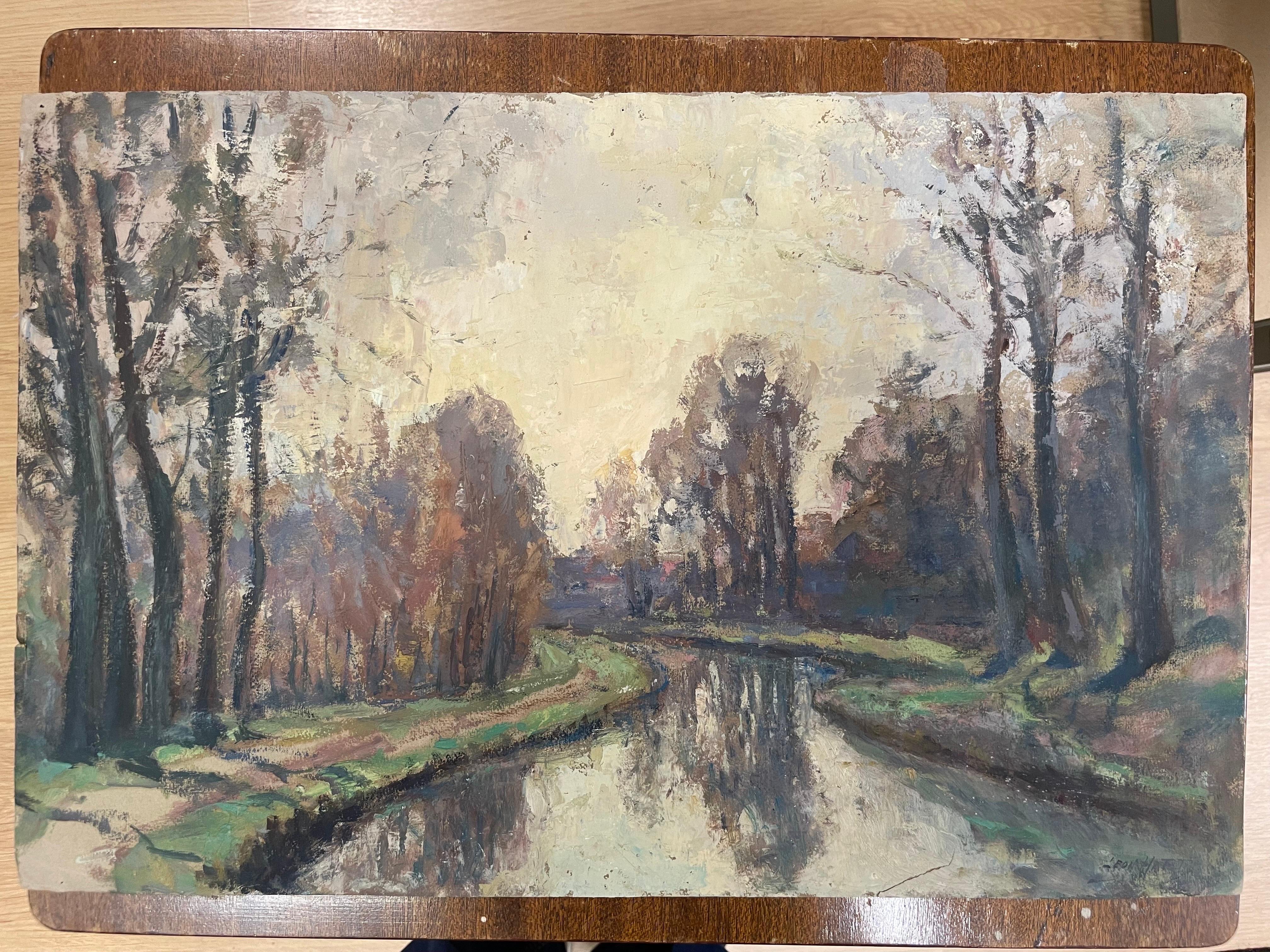 Vintage Signed French Impressionist Oil - Sunrise River Landscape 2