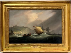 Antique Shipping off the Coast of Dover 1800's English Marine Oil Painting on Panel