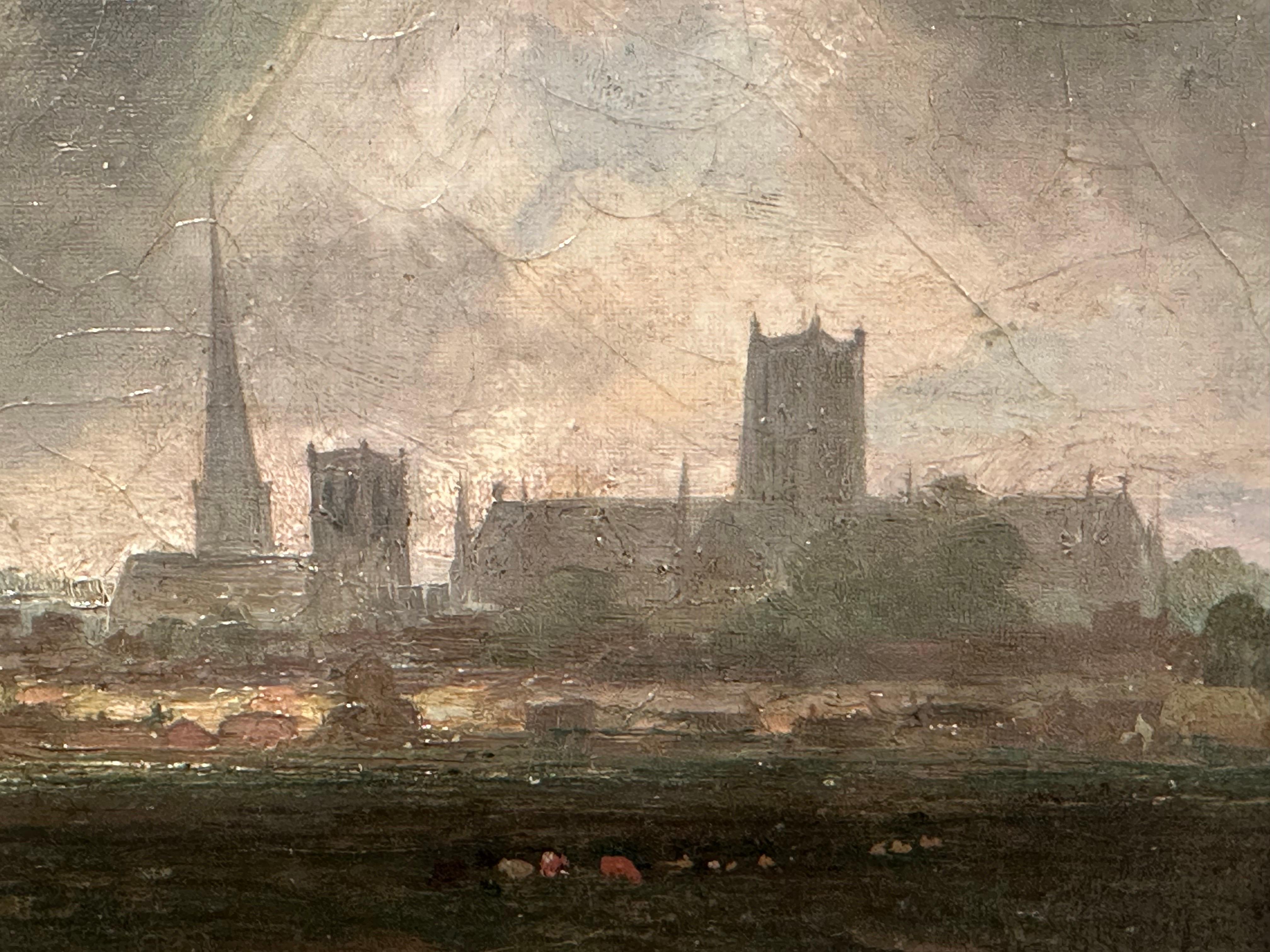 1830's English Oil Storm Clouds Norfolk Landscape Norwich Cathedral River Yare For Sale 1