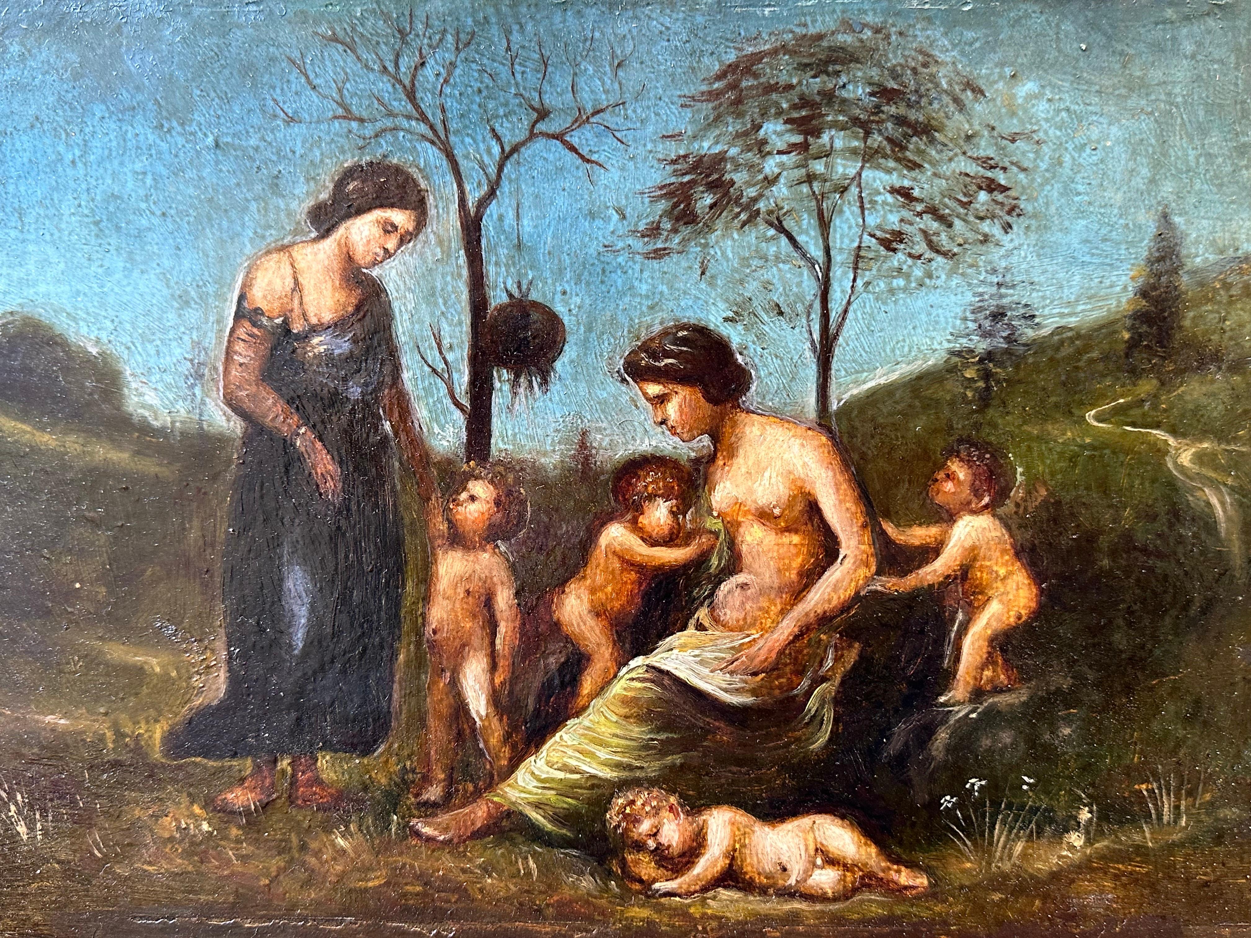 Raffinato dipinto a olio italiano del XVIII secolo con figure nude in un paesaggio classico