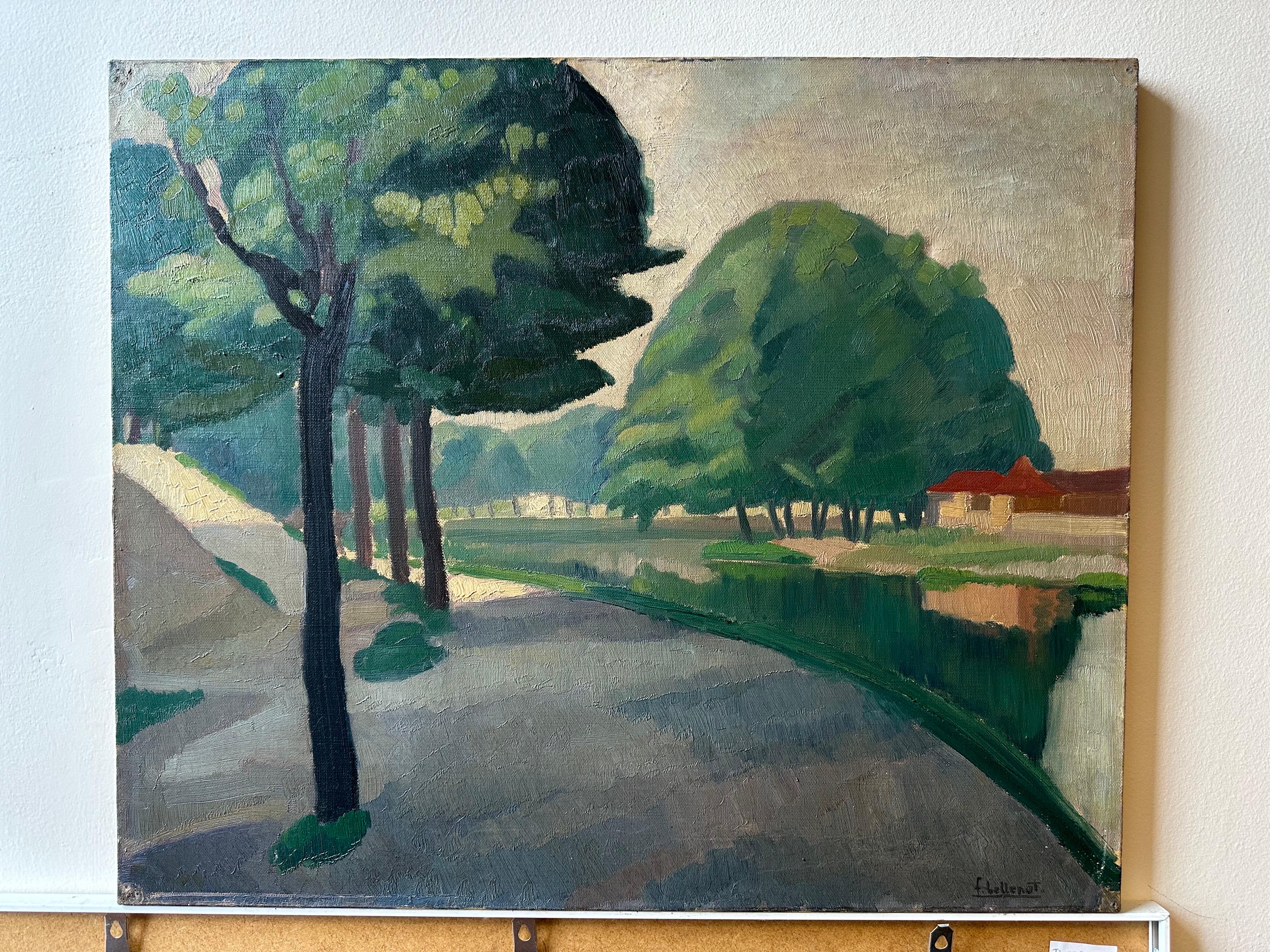 Mid 20th Century French Signed Oil Moody Atmospheric Green River Landscape Town - Painting by F. Bellenot