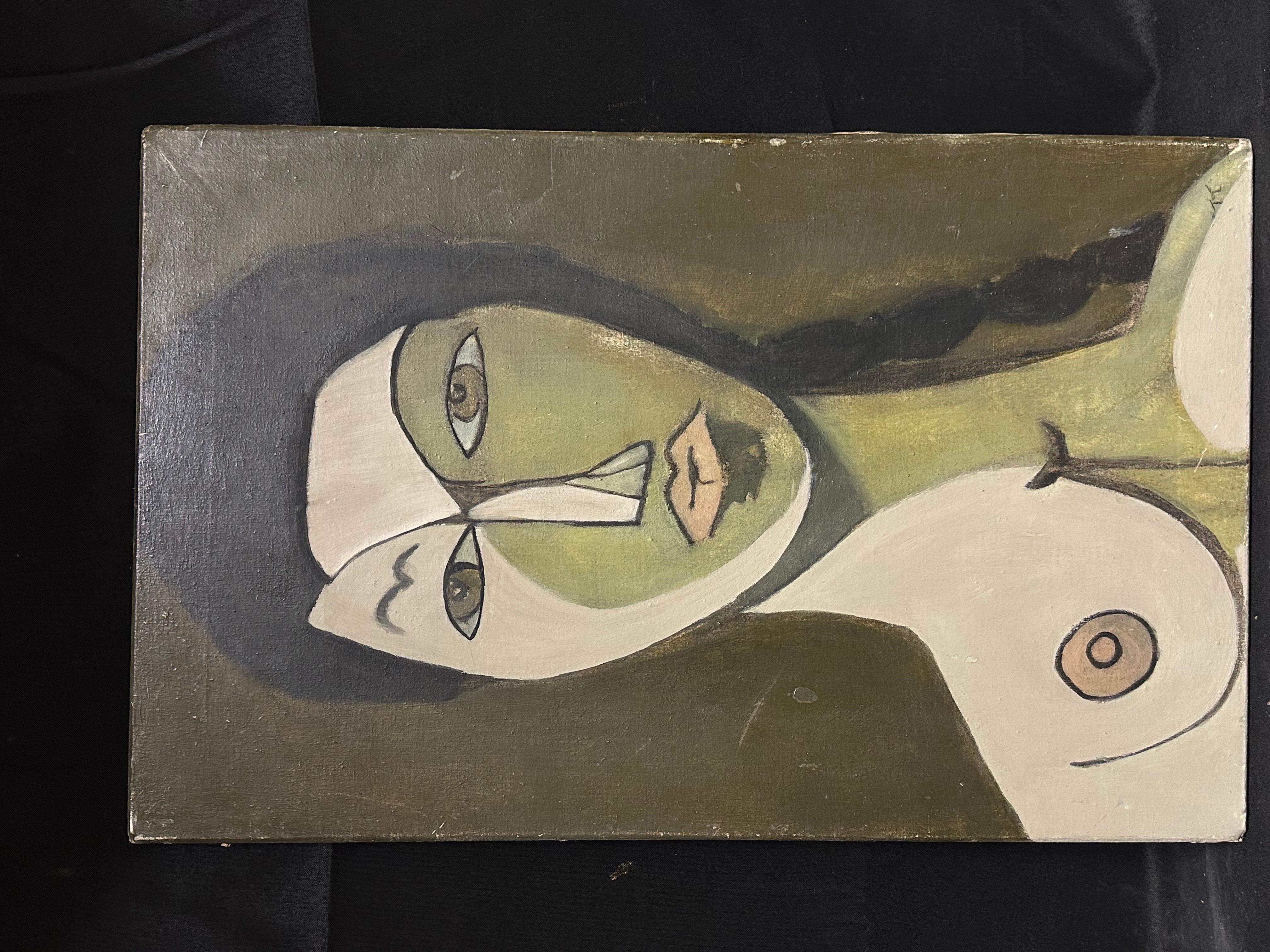 20th Century French Cubist Portrait Nude Black Haired Female Lady - Painting by French School