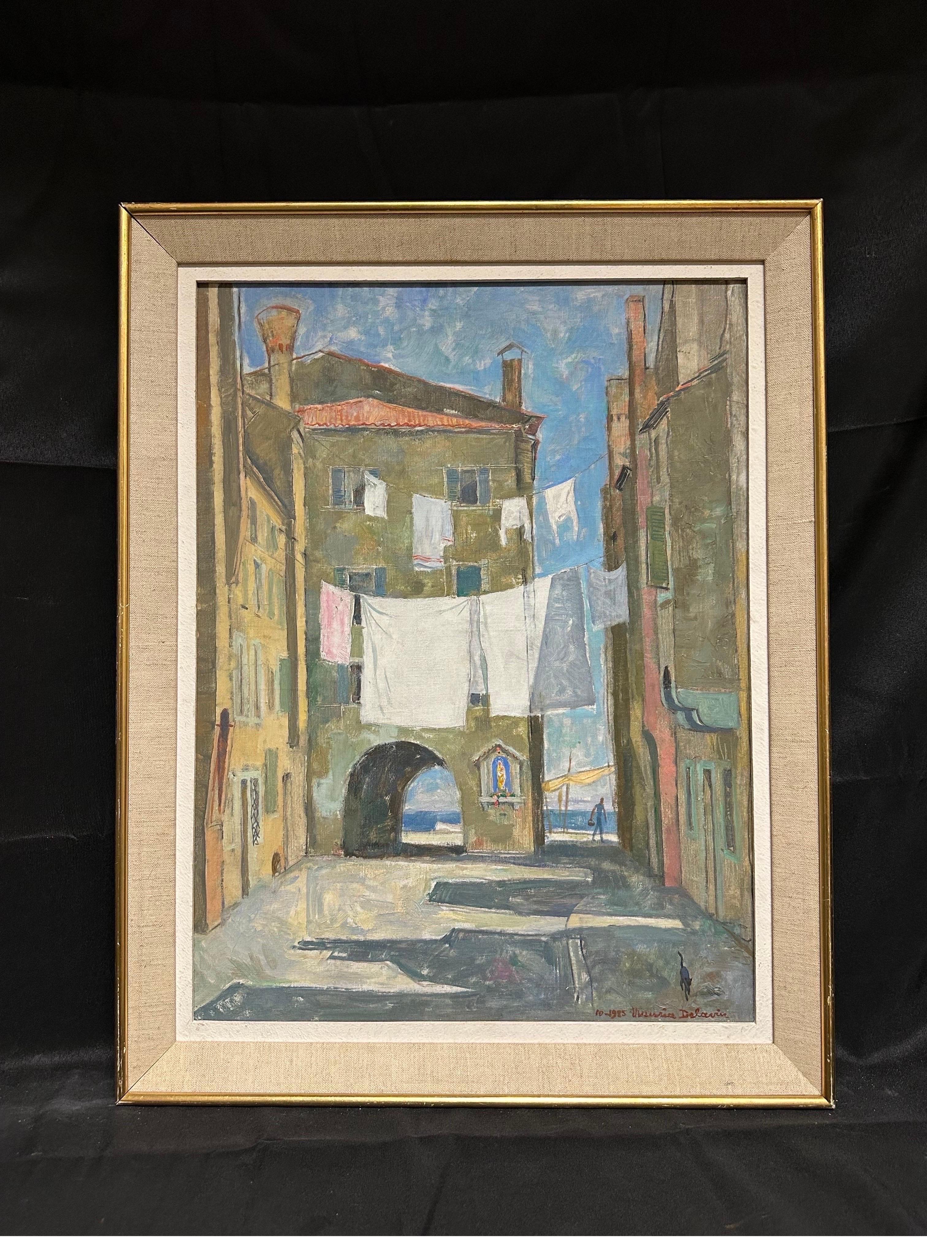 The Washing Line, Venice
by Maurice Delavier (French 1902-1986)
signed, dated 1985 lower right corner
oil painting on canvas, 24 x 18 inches
framed: 28 x 22 inches
condition: overall very good and original; frame looks original to the piece and has