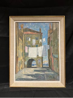 Pintura al Óleo Impresionista Francesa Ropa Secándose Lavadero Patio de Venecia